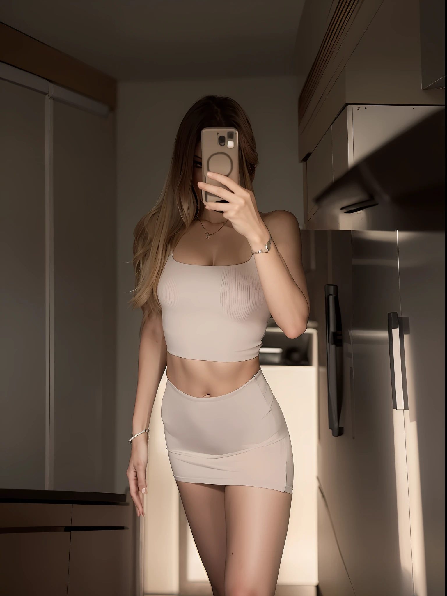 there is a woman taking a selfie in a kitchen, skinny waist and thick hips, wearing tight simple clothes, wearing a sexy cropped top, tight outfit, thicc, cottagecore!! fitness body, slender waist, thin waist, fit dainty figure, slim waist, thin-waist, she has a jiggly fat round belly, tiny waist, perfect body