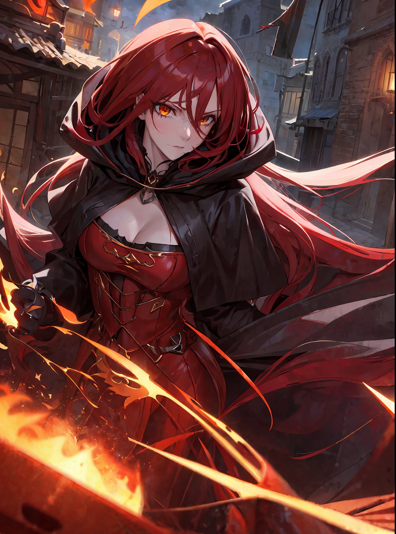 (masterpiece, best quality) an adult woman with very long red hair, ((walking through a village)), ((close)), cleavage, ((hood)), black ribbons, red leather, (profile picture), black bows, ((eyes covered)), bodysuit, cold look, queen, good anatomy, correct proportions, torn clothes, queen, yellow eyes, serious, mysterious appearance, blood, emotionless, straight bangs, very long red hair, Evil, (Yellow Eyes), Gothic, Medium Chest, ((Chest to Head Show)), Cinematics, Color Oil Painting, Solo, Cinematic Lighting, Extremely Detailed Face, Finely Detailed Face, Beautiful Face, Beautiful Eyes, Perfect Lighting, Depth of Field, Realistic Proportions, Good Anatomy