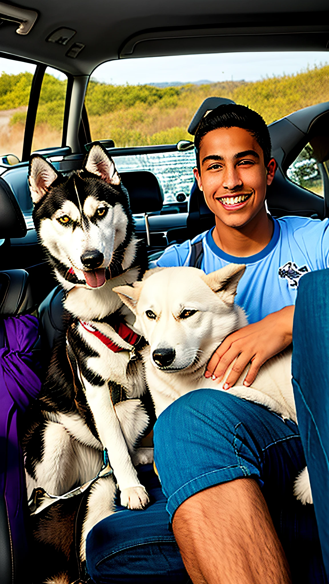 arafed man sitting in a car with two dogs, with dogs, years, by Robbie Trevino, healthy, husky, family photo, siberian husky, tommy 16ears, profile picture, husky dog, asher duran, 18 years