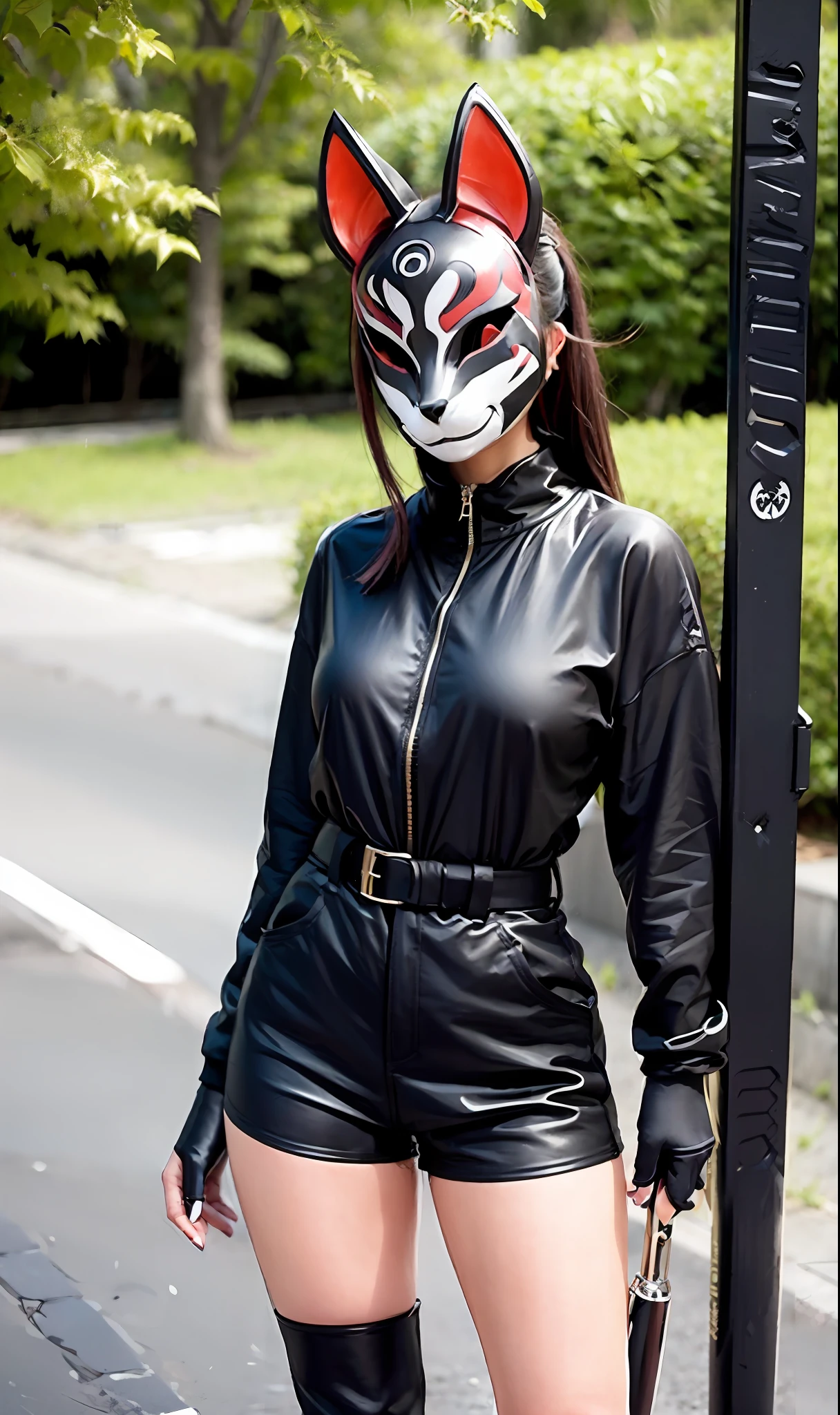 Fox Mask Person with fox mask on face, woman, jet black, shorts, knee-high boots, holding a weapon, ninja