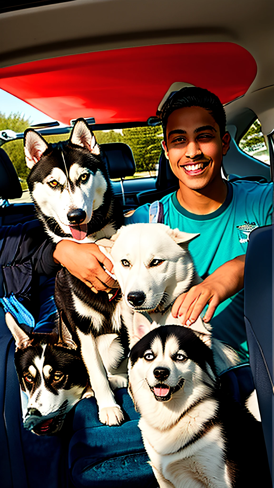 arafed man sitting in a car with two dogs, with dogs, 16 years, by Robbie Trevino, healthy, husky, family photo, siberian husky, tommy 16 years, profile picture, husky dog, asher duran, 18 years