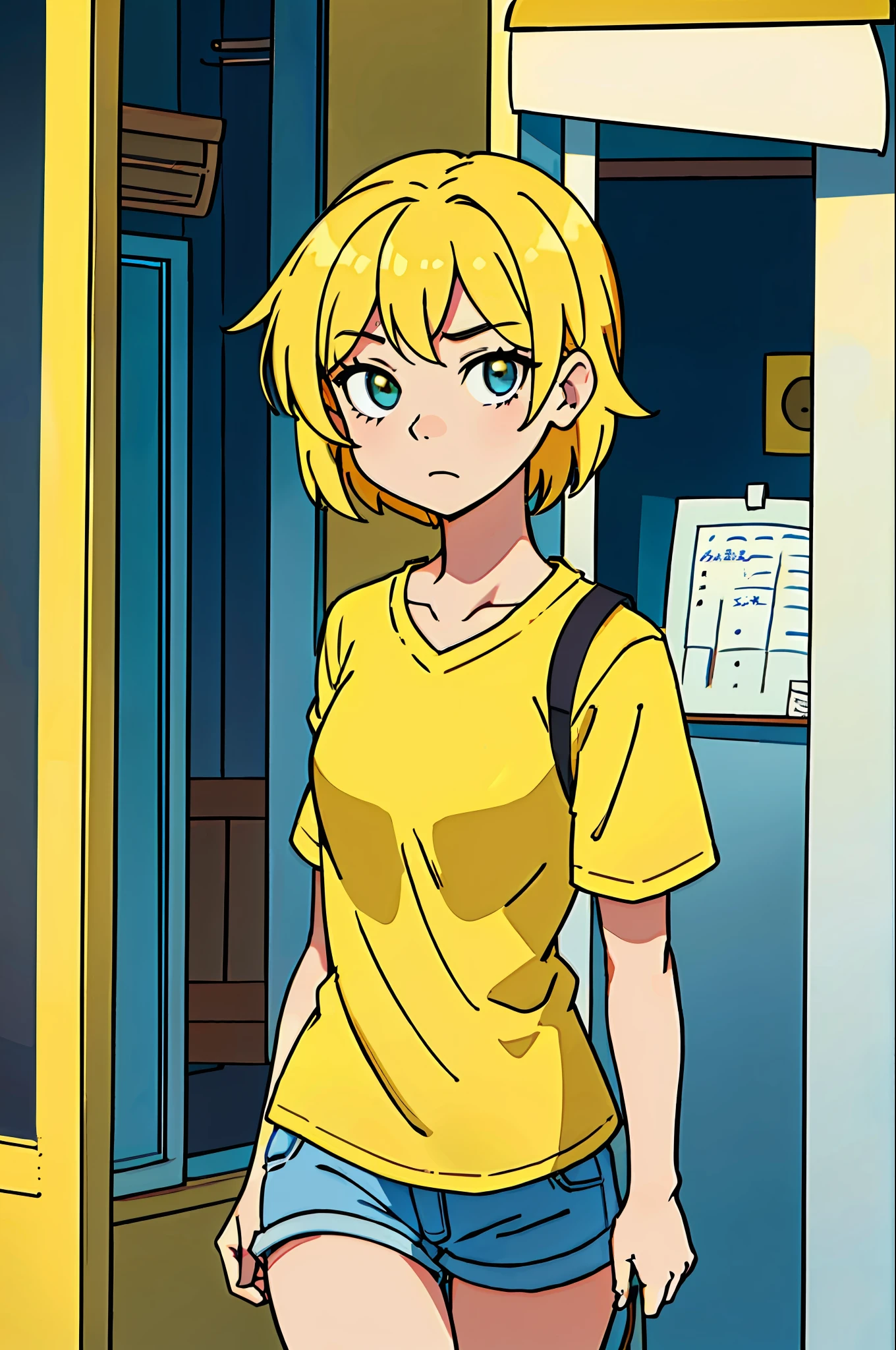 (best quality: 0.8), (best quality: 0.8), perfect anime illustration, close-up portrait of a beautiful woman walking around town,blonde hair,wearing short jean shorts and a yellow shirt.