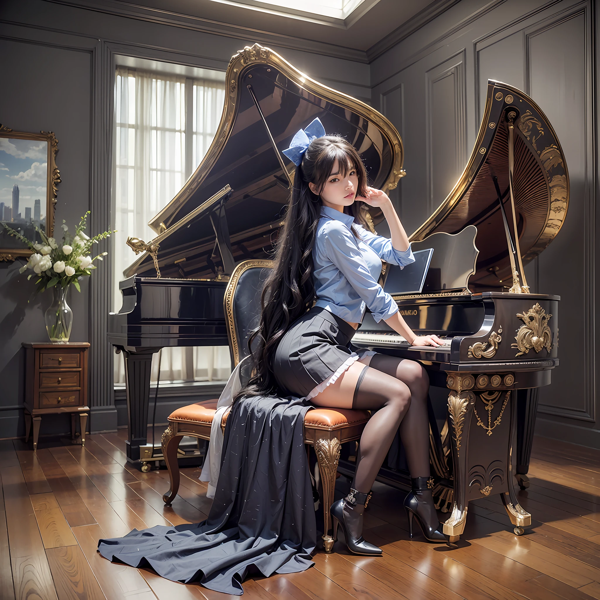 In a room of a high-rise apartment in Tokyo, there is a slender young woman sitting in front of a special high-class grand piano, with a realistically rendered city of Tokyo in the background, with her fingers on the piano keyboard, looking at the sky, her face is not visible, there are very beautiful magnificent Shinkai Makoto clouds, very beautiful Shinkai Makoto sky, clear blue sky. It is a summer afternoon atmosphere with beautiful sunlight shining from the clouds. The front of the grand piano and the bottom of the grand piano and the bottom of her chair shine reflecting sunlight. There is glass at the back of the screen, and the different colored glass at the bottom of the glass slightly reflects her, the piano, the chair and the boots. The front of the piano reflects her figure. The bottom of the piano reflects the cityscape. The top of the piano reflects the sky and clouds. She sits on an antique chair in cream color. There is an antique teapot under the chair. She takes off her boots and sits barefoot. Her legs are very delicate and wear thin black stockings. There is a dehumidifier at the bottom right of the screen. She wears a summer dress of very realistic and delicate thin fabric, a thin blouse jacket with a design similar to a school uniform, she wears a thin skirt, very delicate and well-groomed, her long hair is thin and sunlight penetrating, "seemeion" is printed on the side of the grand piano, the black paint of the piano reflects the blue lighting in the room, in the reflection of the whole screen to the glassA beautiful blue light is reflected from her outstretched arms to her waist. Best Quality, Realistic, Photorealistic, Best Quality, Masterpiece, Very Delicate and Beautiful, Very Detailed, Fine Detail, Ultra Detailed, High Resolution, Very Detailed, Realistic, Ultra High Definition, Best Quality, Ultra High Definition, High Quality Textures,Masterpiece --auto --s2