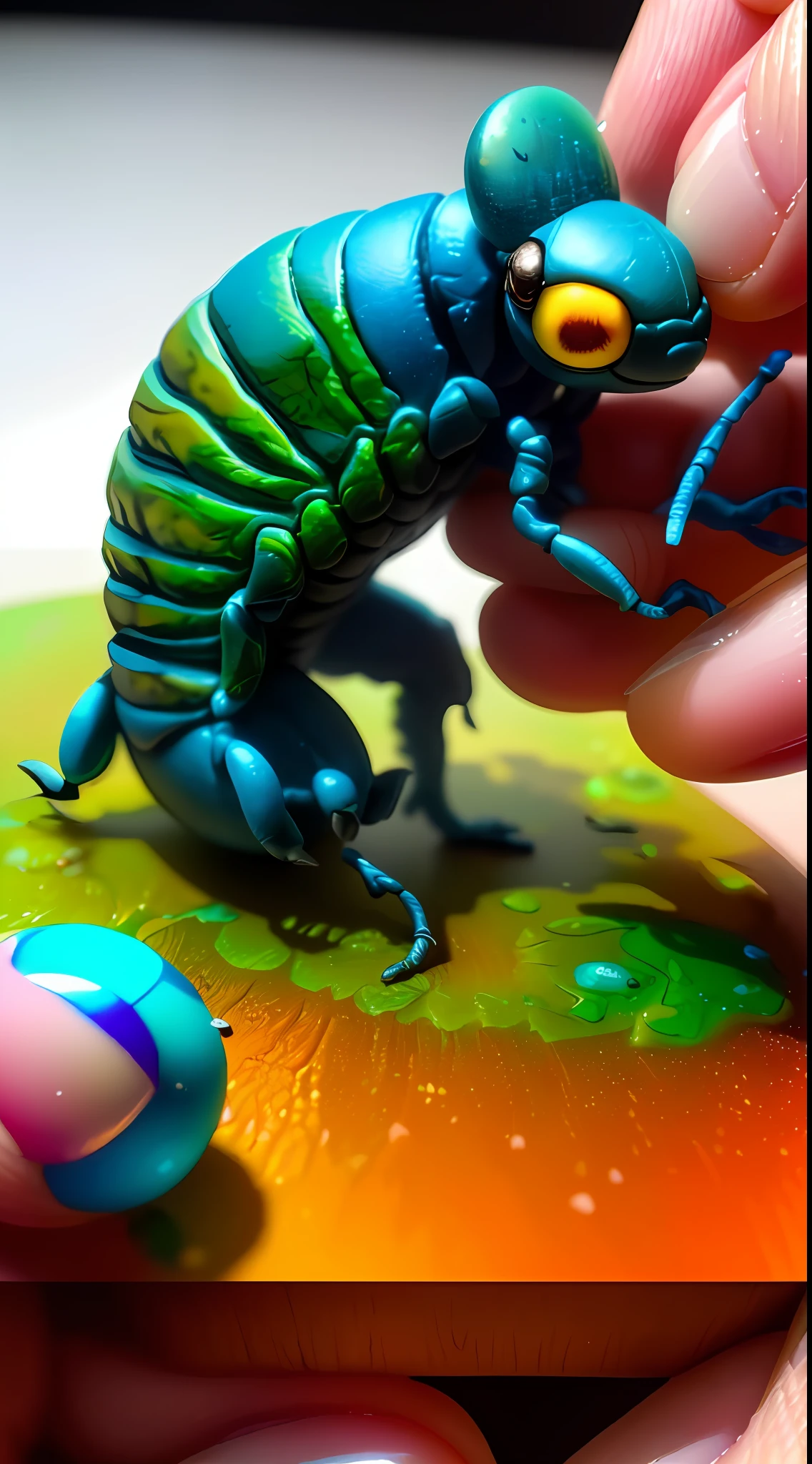Someone is holding a small insect, macro photograph of diorama, up close. macro. Hyper realistic, ultra detailed painting, highly detailed sculpey diorama, hyper realistic fantasy monster, highly detailed 4K painting, hyper-realistic intricate details, extremely detailed painting, abstract claymation, amazing details, detailed 4K painting, photorealistic and intricate