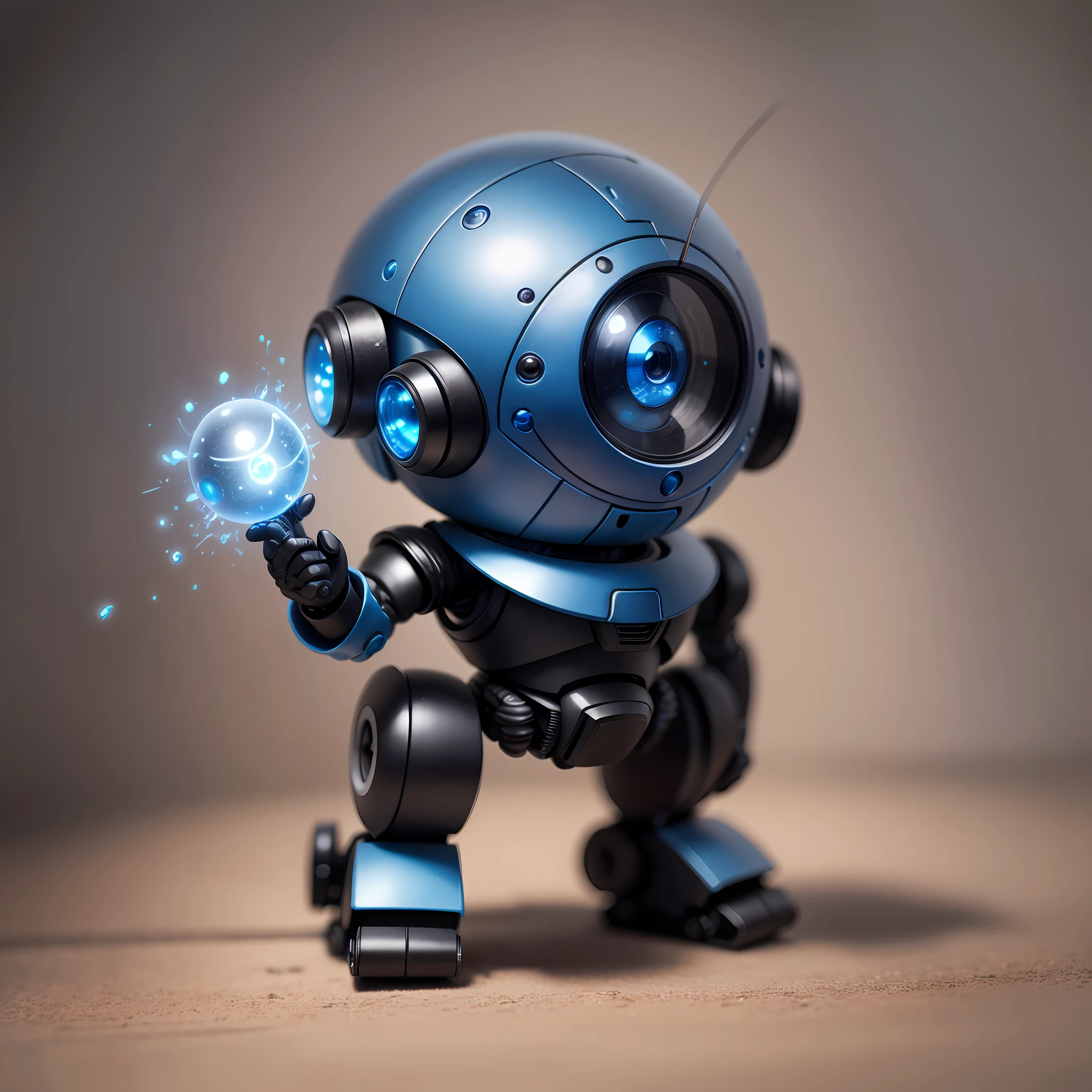 A small robot with big round head, blue headlight type eyes, small body, super realistic, super detailed, body with shiny black metallic paint, brave expression --auto --s2