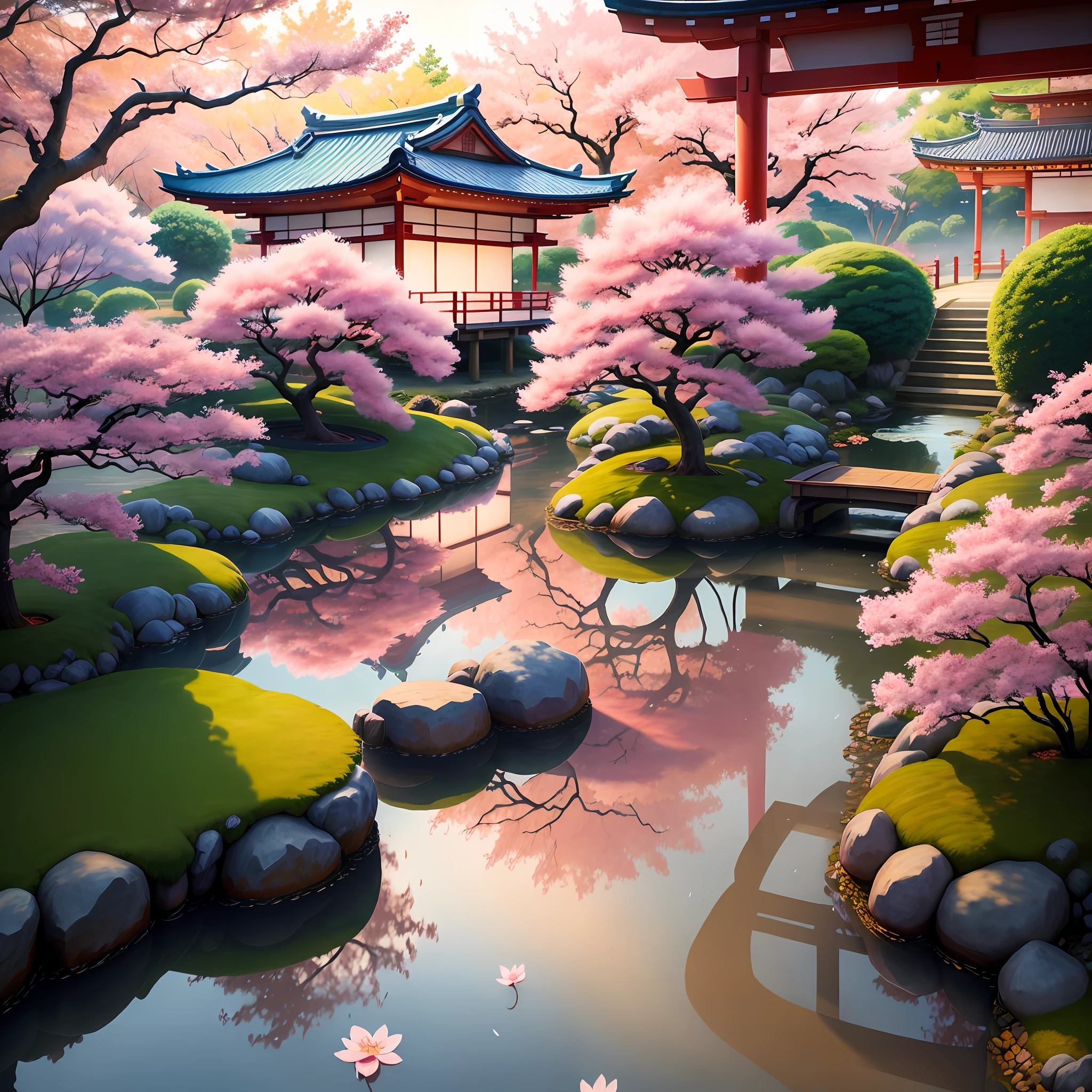(digital painting),(best quality), serene Japanese garden, cherry blossoms in full bloom, koi pond, footbridge, pagoda, Ukiyo-e art style, Hokusai inspiration, Deviant Art popular, 8k ultra-realistic, pastel color scheme, soft lighting, golden hour, tranquil atmosphere, landscape orientation