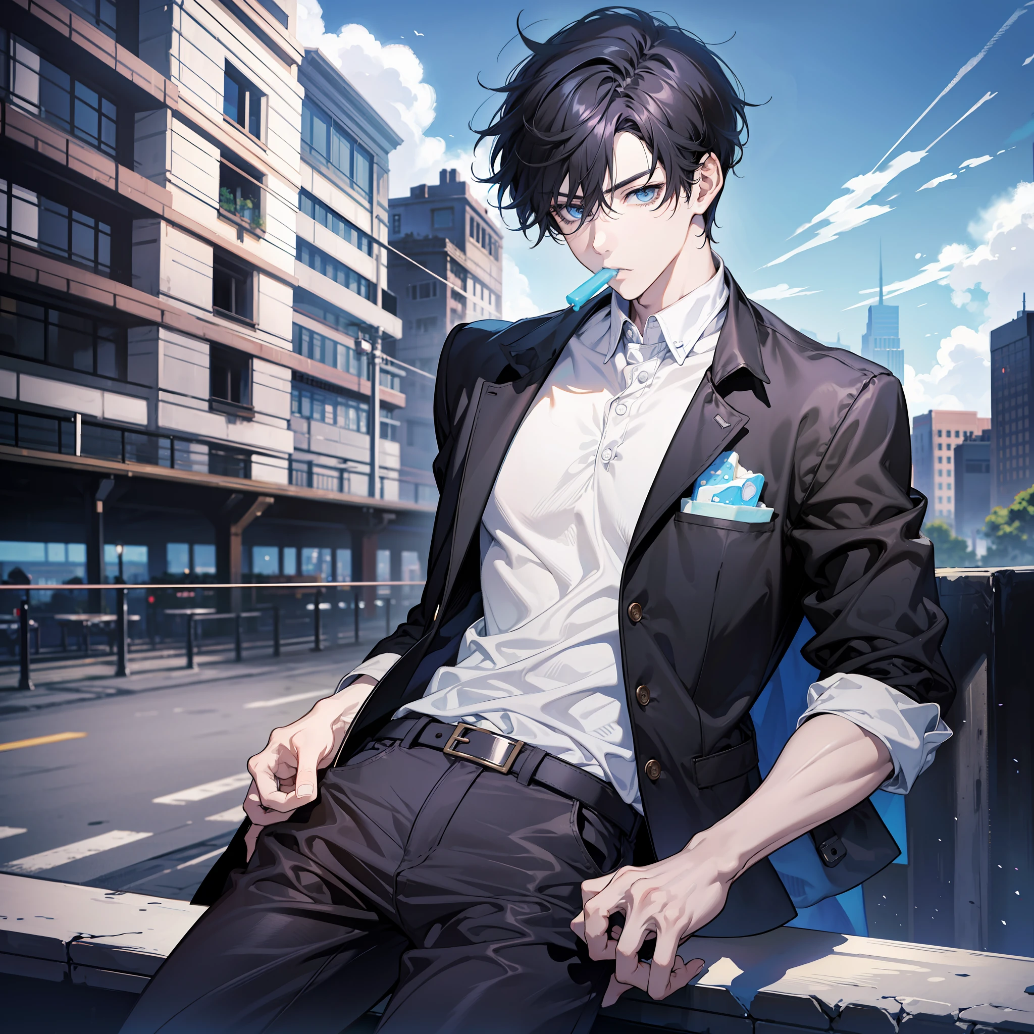 Anime male character, male character, athletic body, beautiful hands, perfect body, black hair, short hair, messy hair, beautiful eyes, serious look, blue eyes, cute background, perfectionism, city background, detailed, casual clothing, black pants, white shirt, printed shirt, cute character, standing, eating popsicle, belt on pants, sunglasses on collar, leaning on a table,  cute background, strong boy, cute boy, tall boy, focused image, cute face, perfect picture