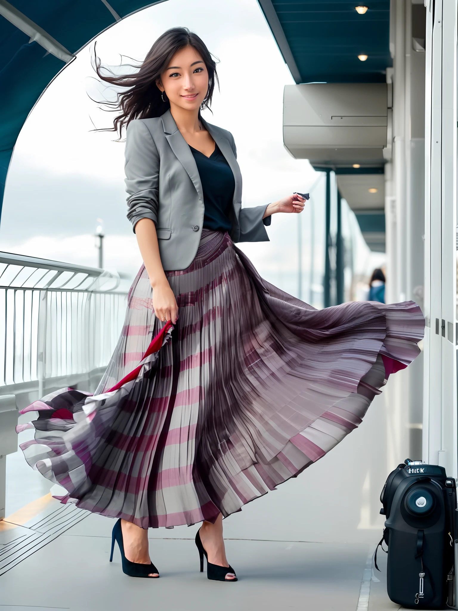 (8k UHD, DSLR, high fidelity, f/8, iso 100 photograph of a tender, compassionate, kind, flirty, shy smile, attractive, pretty, cute woman who is going to love you and kiss you and she is wearing a long pleated skirt and short blazer), (wind blowing, windy:0,1)