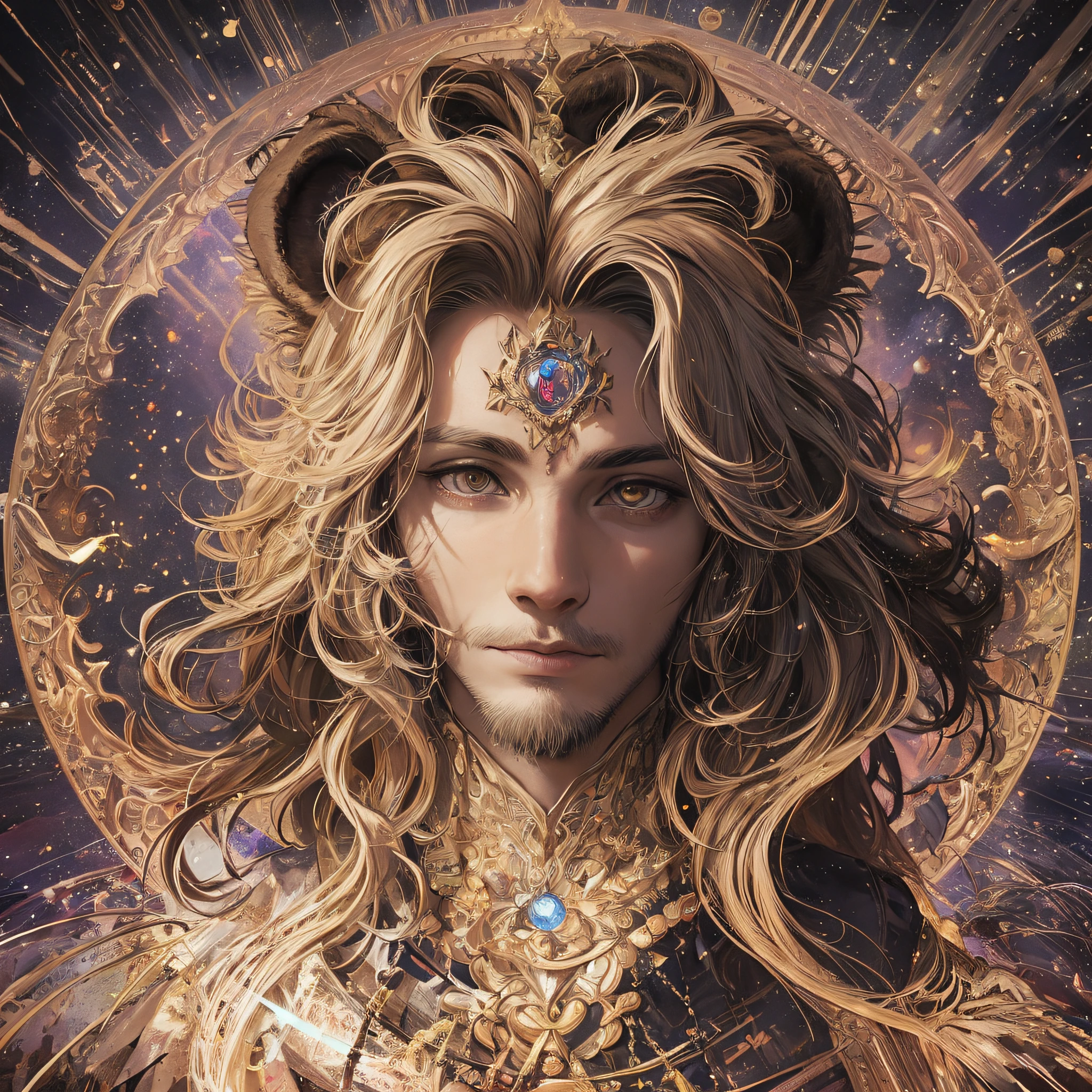 Young man like a lion sirius giving a big roar, universe background,cosmos, brown lion mane hair, DMT, sacred, psychedelic, psychedelic design, Aura, becoming spiritual, 8k, artstation. The art should have photo-realistic, ultra-realistic, hyper-realistic, vector 3d anime style, full 3d shot, standing pose, cosmic, outer space and fire colors Art styles, highly detailed symmetrical hazelnut eyes, highly detailed gorgeous face, dynamic pose, ethereal, mystical, splatter drippings, paper texture, perfect shading, with dramatic lighting. The artwork should be centralized, stylized, and elaborated
