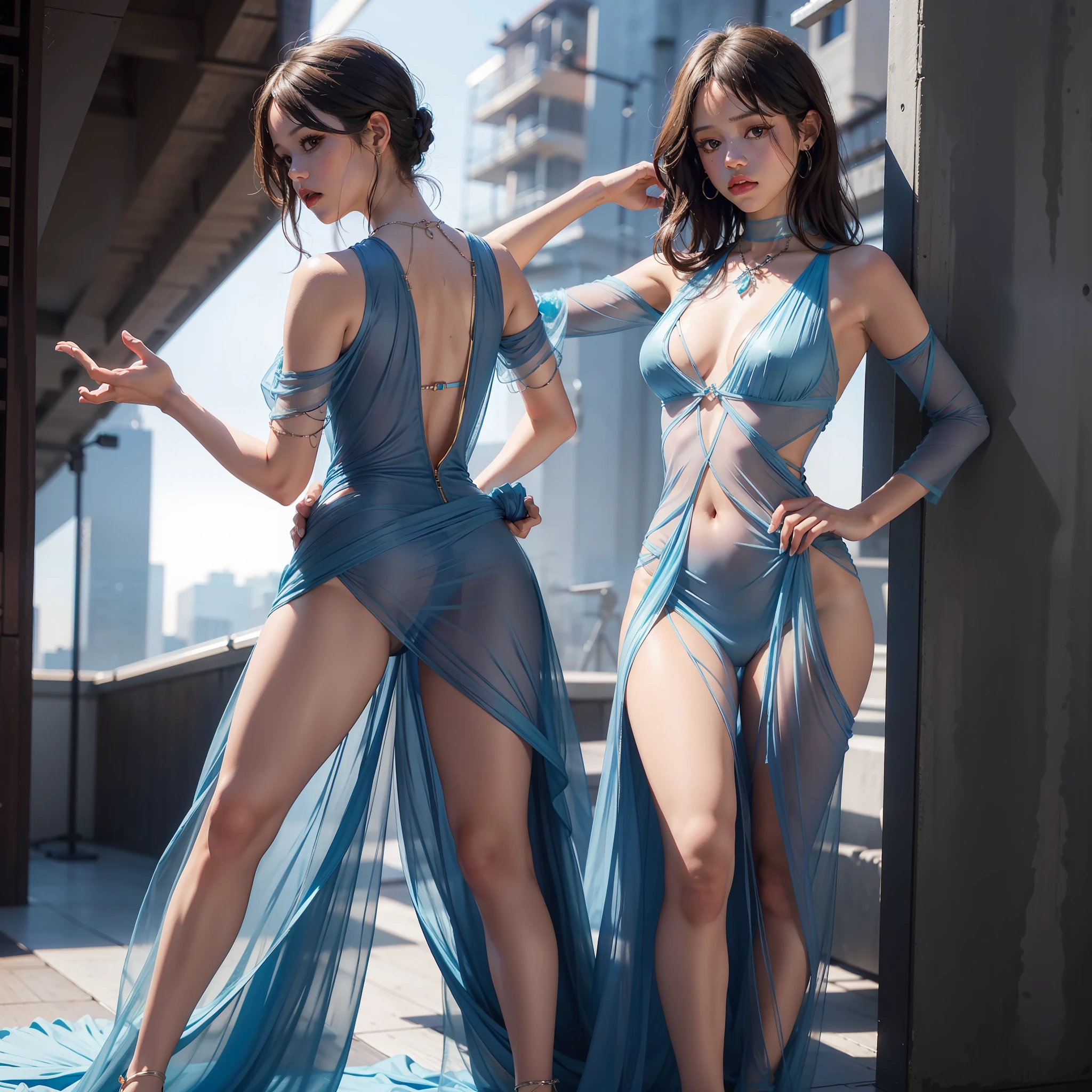 Jenna Ortega, beautiful, tight short blue and transparent dress, transparent dress, realistic face, full body, breasts, neckline, realistic face, realistic body, slim, perfect anatomy