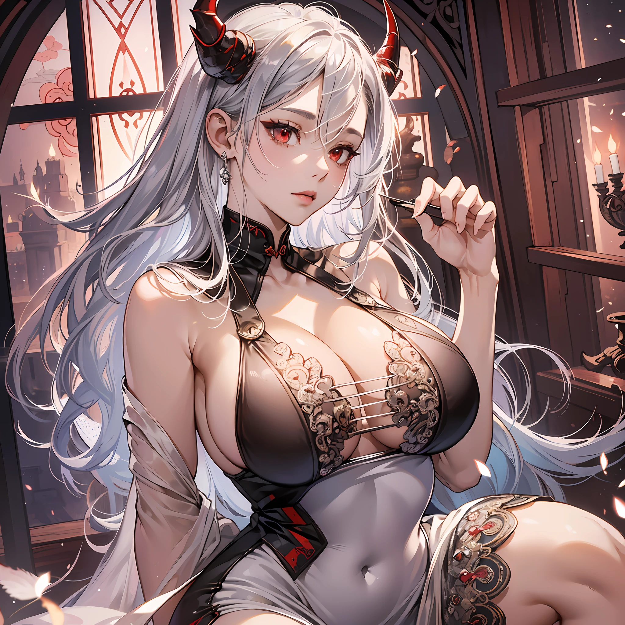 masterpiece, best quality, finely detailed, high resolution, extremely delicate and beautiful, 1girl, silver hair, red eyes, dragon horns, (huge breasts:1.3), sideboob, underboob, cleavage, (wide hips:1.2), bright skin, beautiful body, (tight dress:1.2), dragon tail --auto --s2