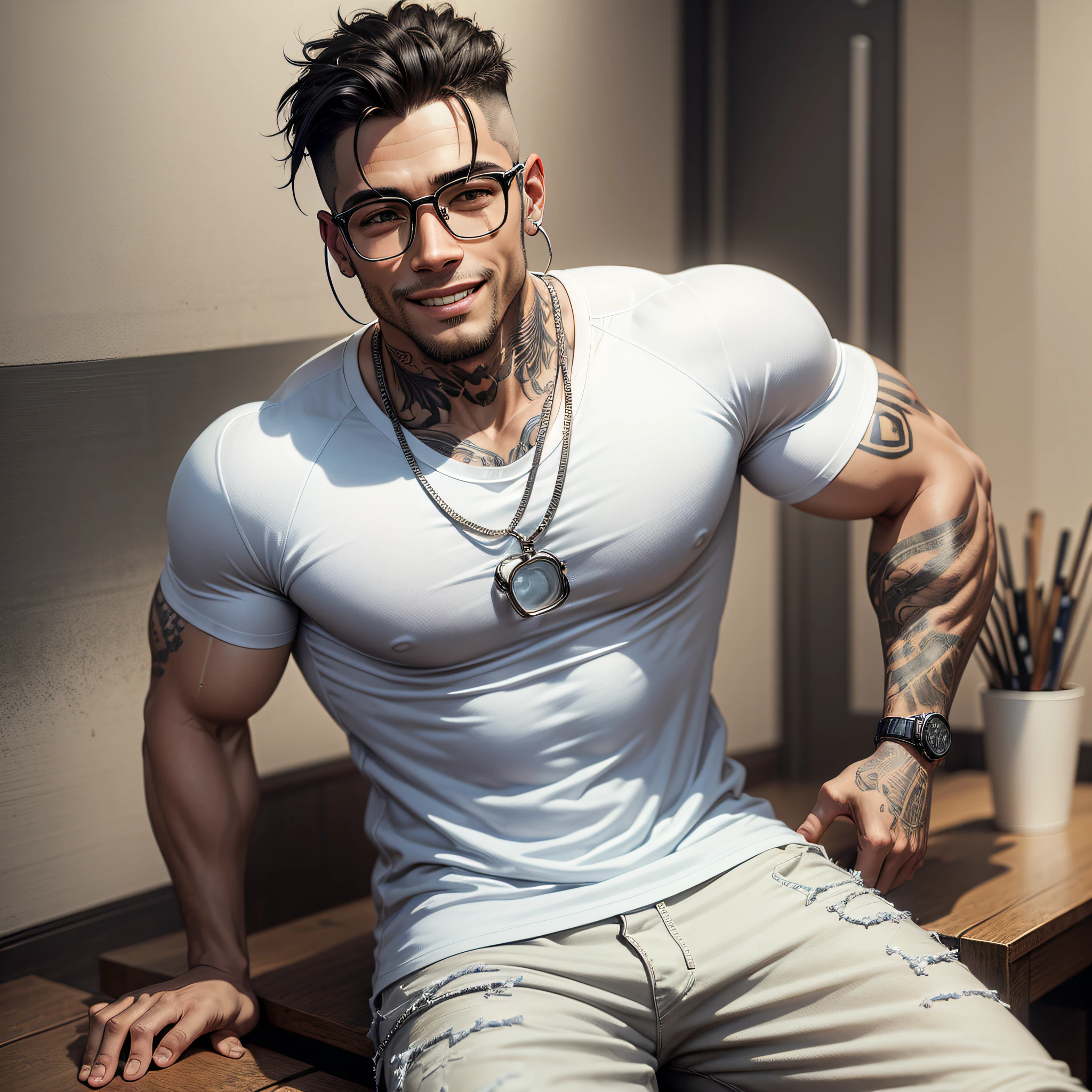 Ultra realistic man, full body, slightly fit, with man's face, wearing prescription glasses, tattoos on his arms, well detailed, smiling, wearing a silver cord over a white T-shirt, white rapper style, excellent quality, depth, brightness, cinema quality, masterpiece --auto --s2