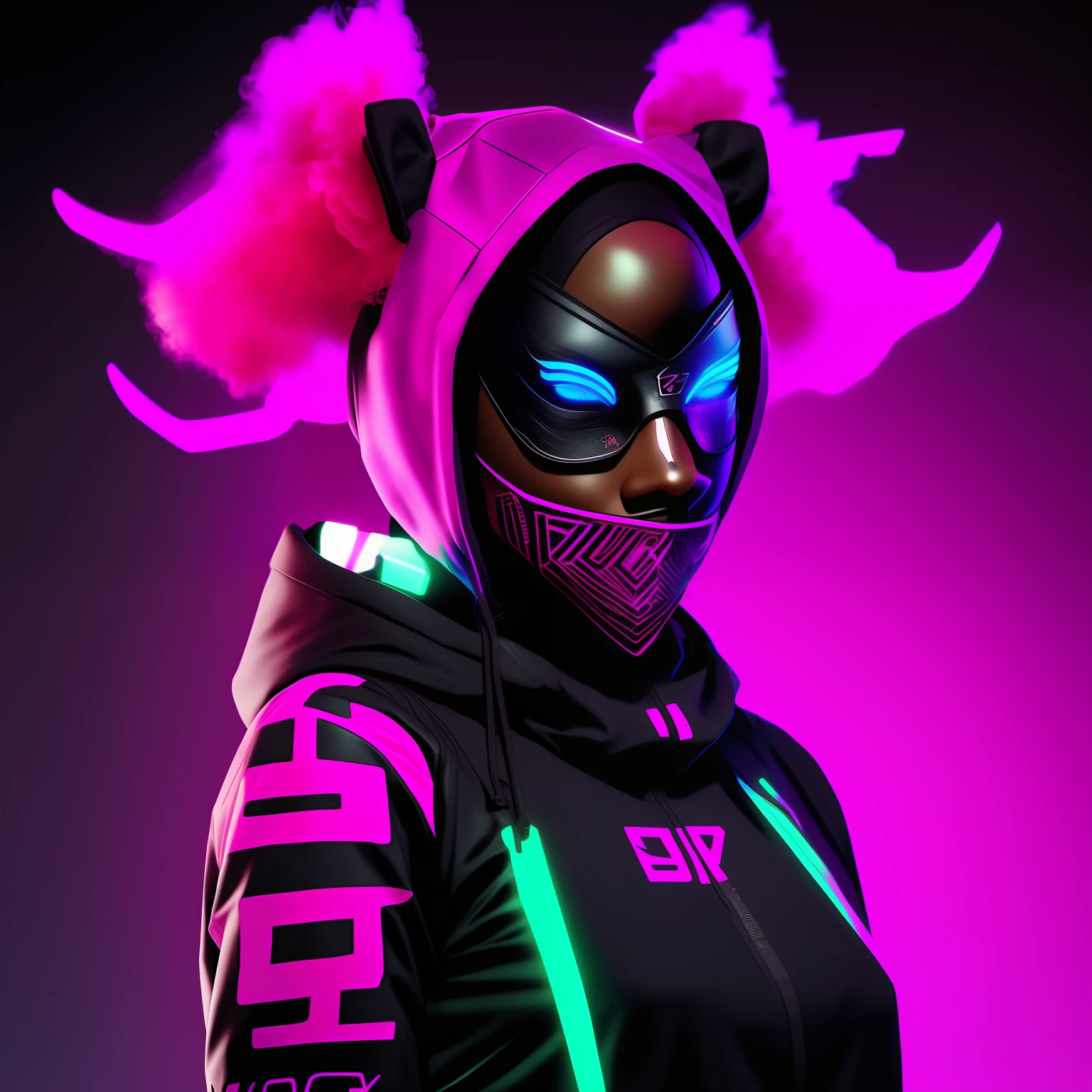 Black female character with hood and mask neon colored pink and black eyes bright pink neon color