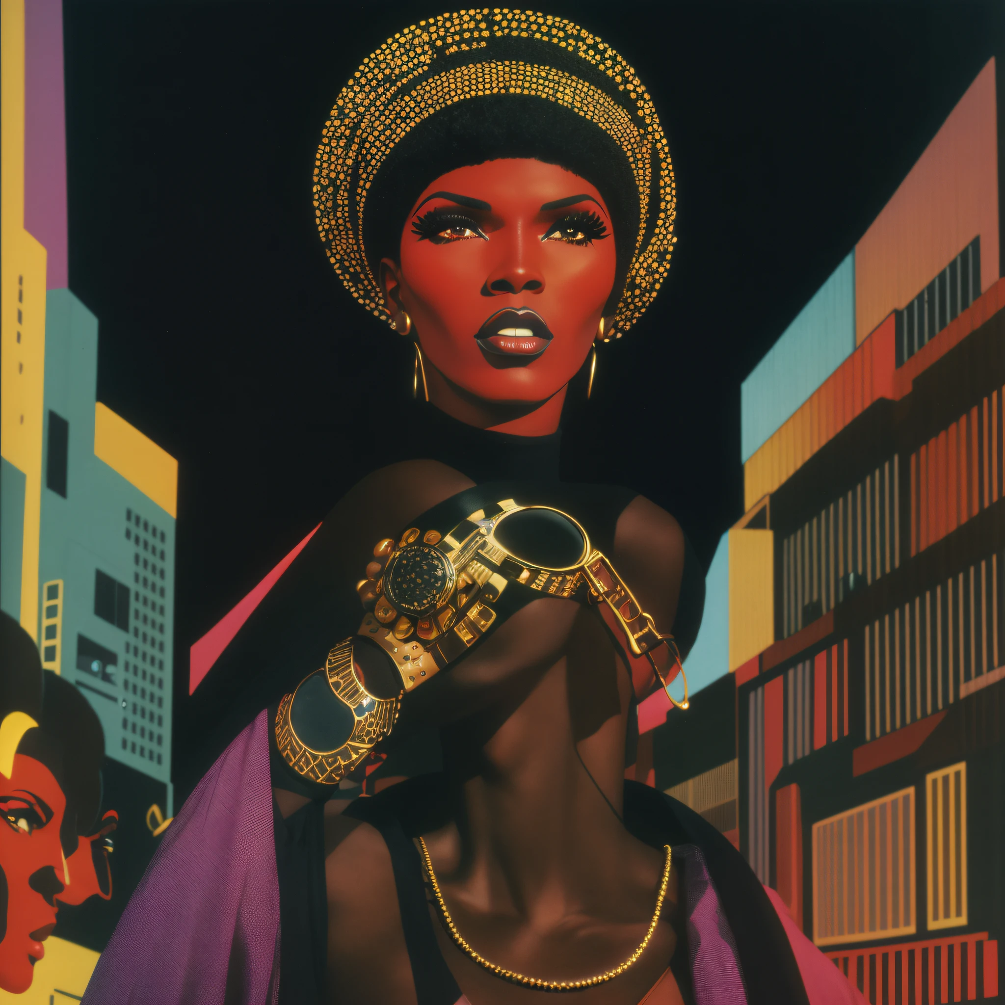 PHOTO ESSAY WITH BLACK WOMAN, 1.80 cm, BLACK MODEL, GRACE JONES, DRESSED AS BOB MACKIE, brooklyn, street, IN THE DISCO PERIOD OF THE 1970S, 35mm, f2.5, natural light, film grain --auto --s2
