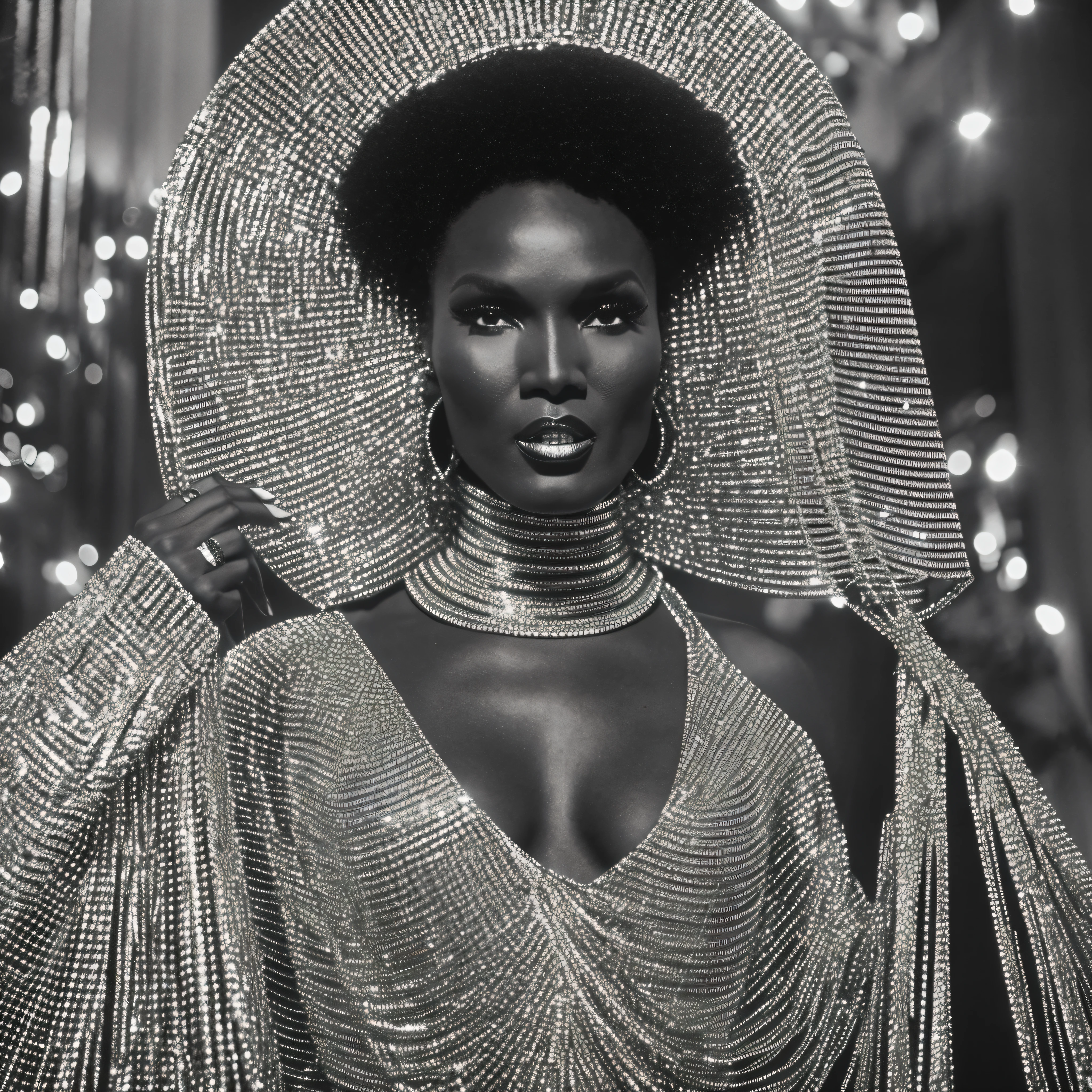 PHOTO ESSAY WITH BLACK WOMAN, 1.80 cm, BLACK MODEL, GRACE JONES, DRESSED AS BOB MACKIE, INSIDE THE IN NEW YORK, street, IN THE DISCO PERIOD OF THE 1970S, 35mm, f2.5, light against, film grain --auto --s2