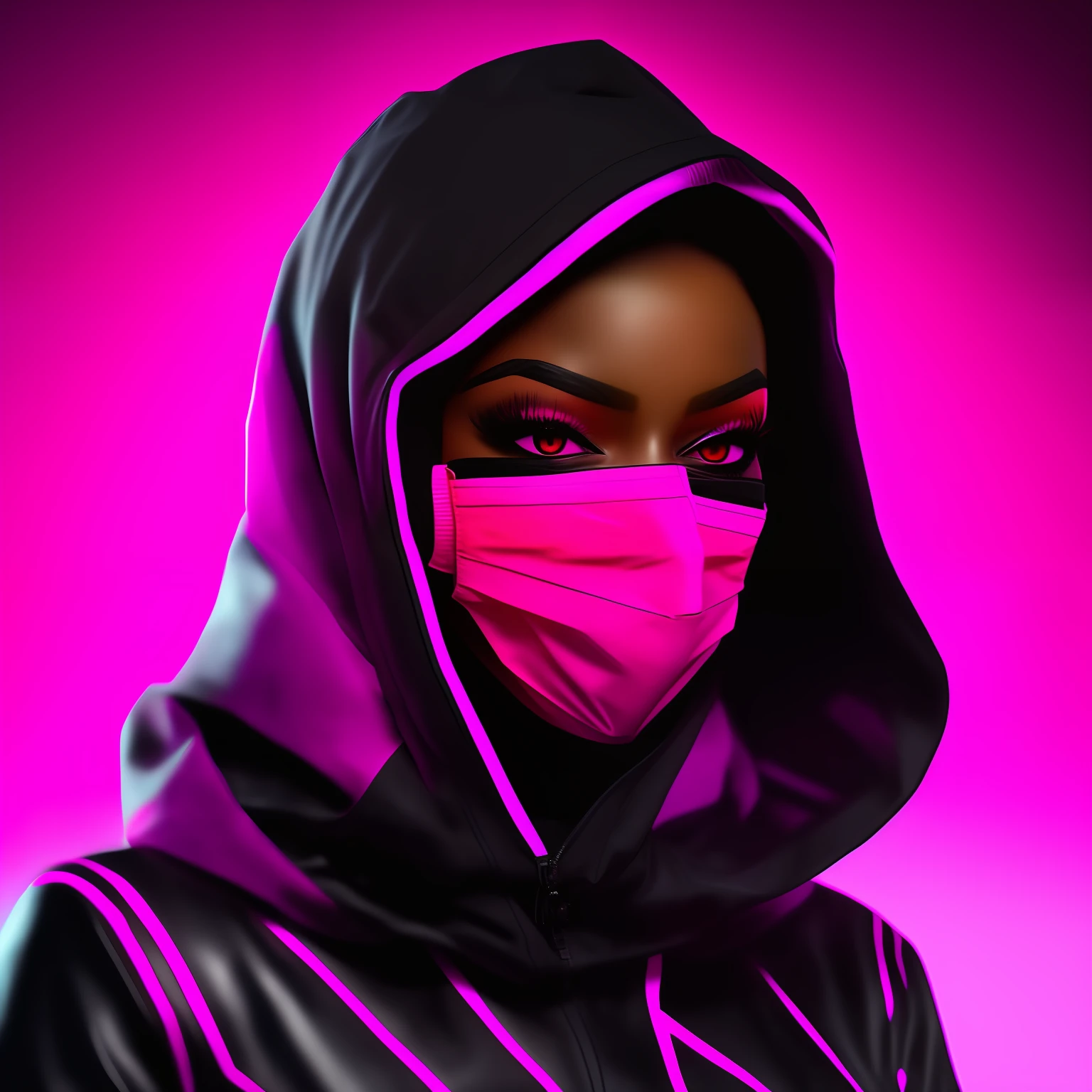 Black female character with hood and mask neon colored pink and black eyes bright pink neon color