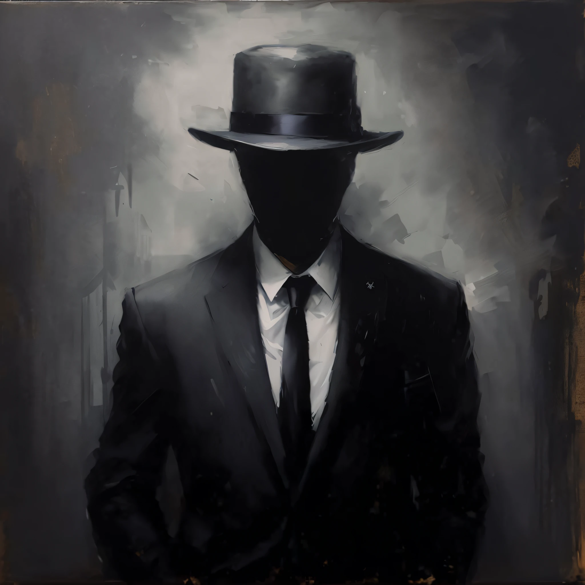 painting of a man in a suit and tie with a hat, mysterious man, a suited man in a hat, man in black, shadowy informant, noir detective and a fedora, dark hat, drawn in a neo - noir style, shadowy and eerie character, faceless people dark, mysterious portrait, man in black suit, suit and tie, dark suit --auto --s2