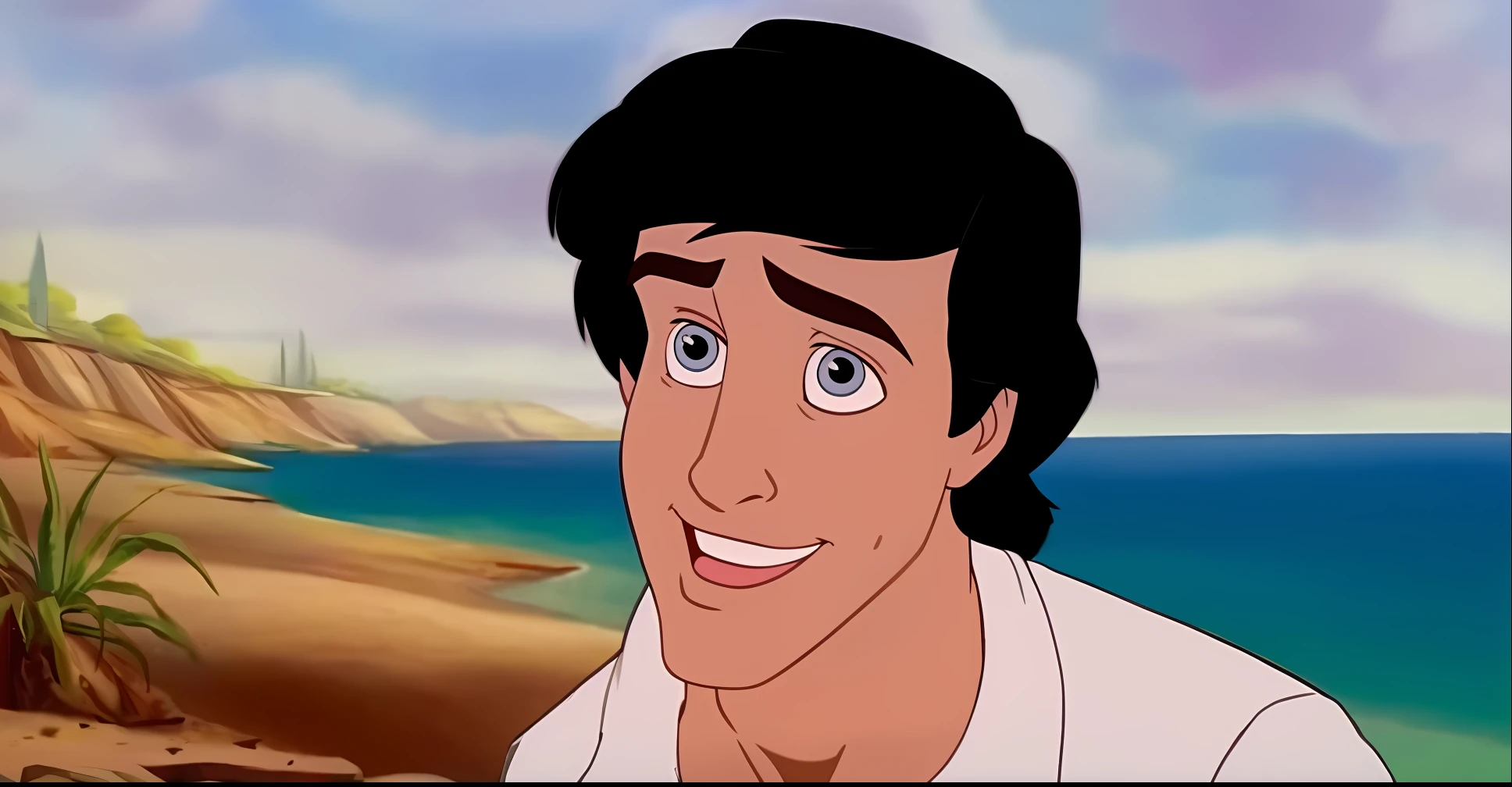 a cartoon of a man with long hair and a white shirt, rick guidice, handsome prince of persia, peter, adam, digitally remastered, nicholas cage as monkey d luffy, handsome, the little mermaid, as an atlantean, aladdin, disney cartoon face, handsome prince, james, smirking deviously, disney character, grinning lasciviously