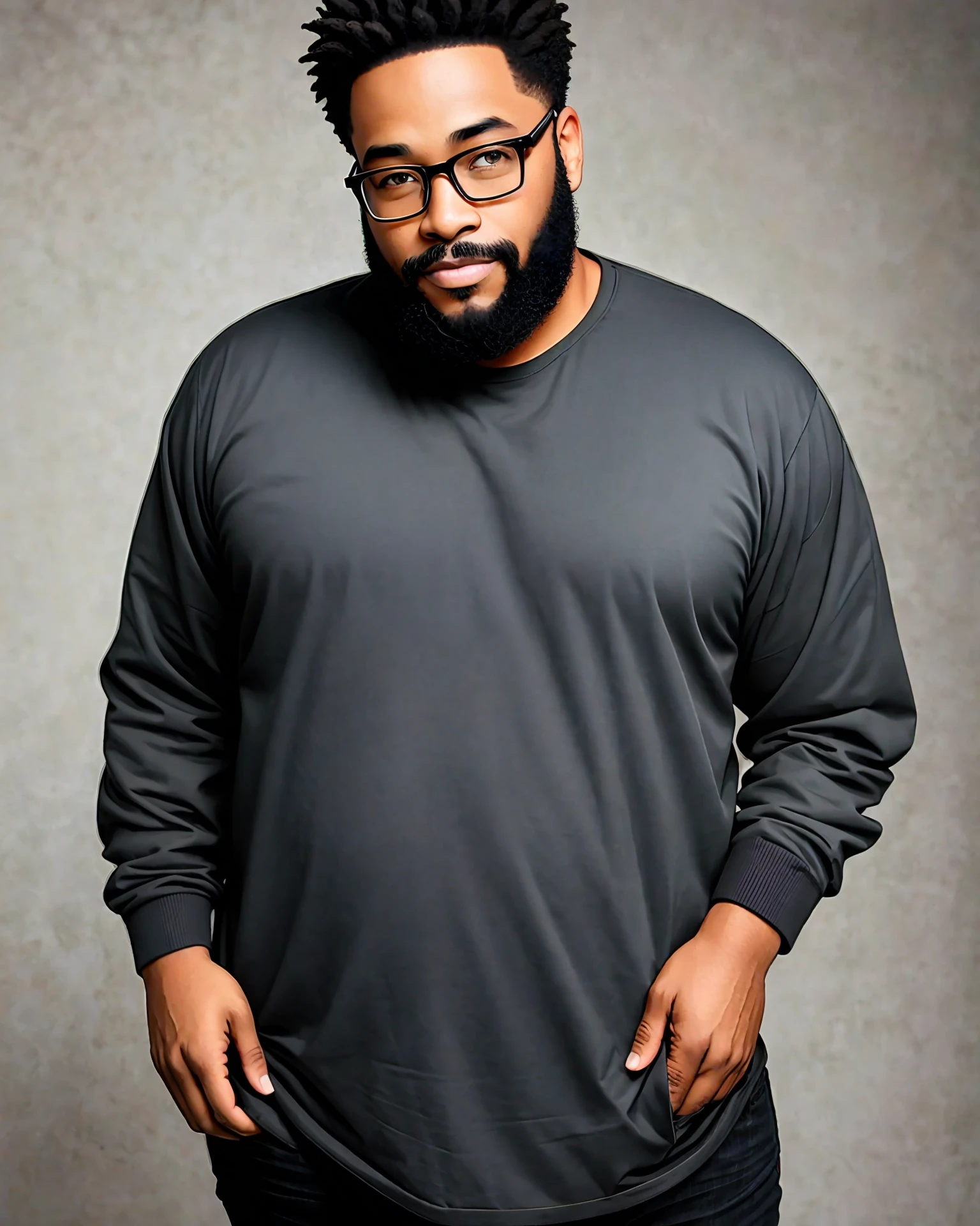 A black man, with a warm and welcoming appearance. He has a chubby build, with a protruding belly that denotes his love of food and perhaps a more comfortable lifestyle. Their skin is rich in dark tones and displays a smooth and healthy texture.
He sports a well-groomed beard, which contributes to his warm and friendly appearance. His beard is dense and slightly gray, showing his age and experience.
His face is complemented by a pair of prescription glasses, which he wears frequently. The glasses have a simple and traditional frame, indicating their preference for functionality over style. They add an intellectual touch to your look and highlight your need for visual correction for better vision.
His personal style is more relaxed and practical than elegant. He values comfort and practicality in his clothes, preferring large and relaxed pieces. He can be seen wearing baggy shirts and comfortable pants, always prioritizing wellness over fashion trends