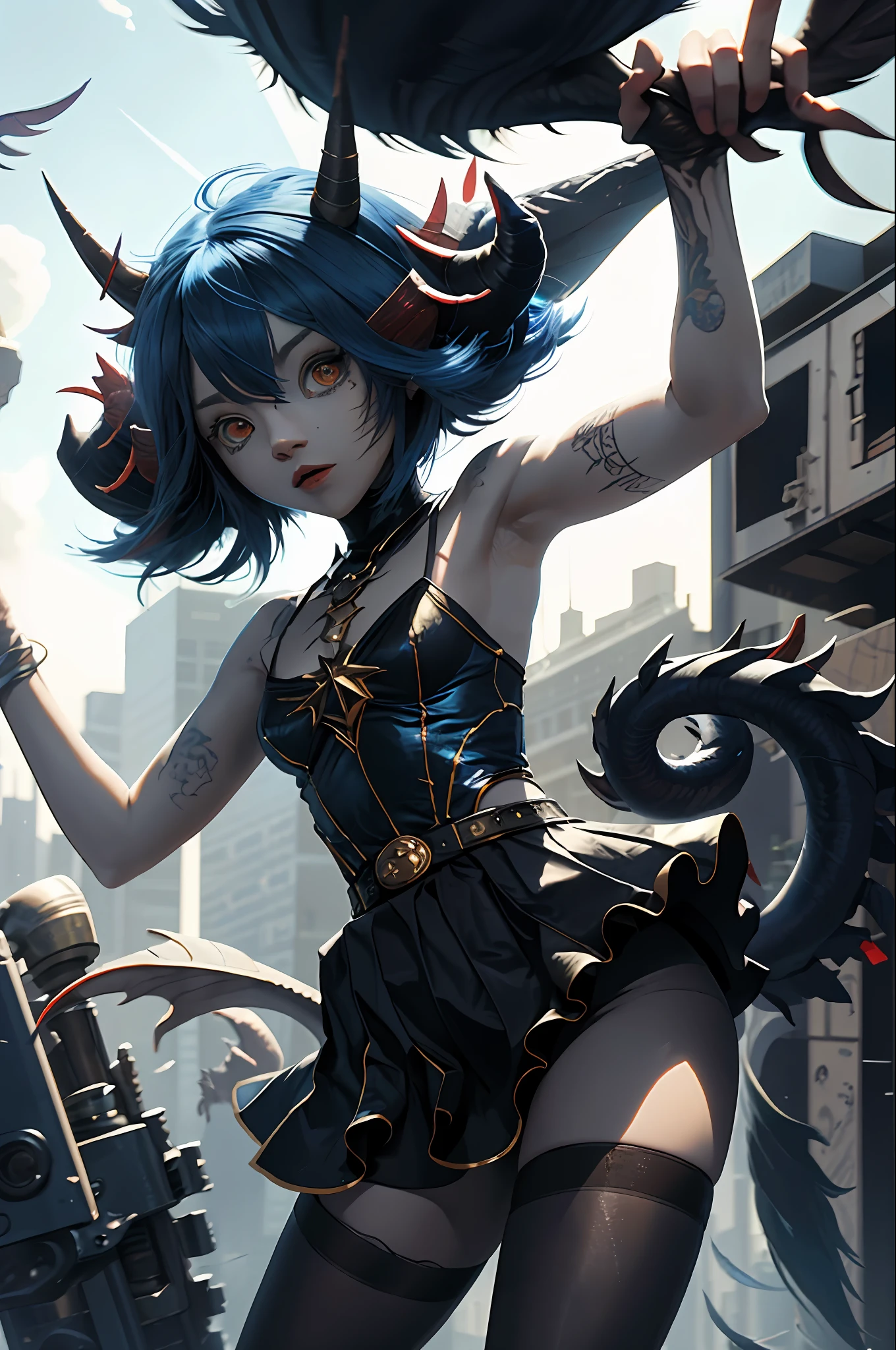 (masterpiece: 1.2, best quality), (1 ****, solo),blue (pantyhose:1.1), large breasts, (dynamic stance), demon girl, (small demonic horns:1.1), (, (heaven)