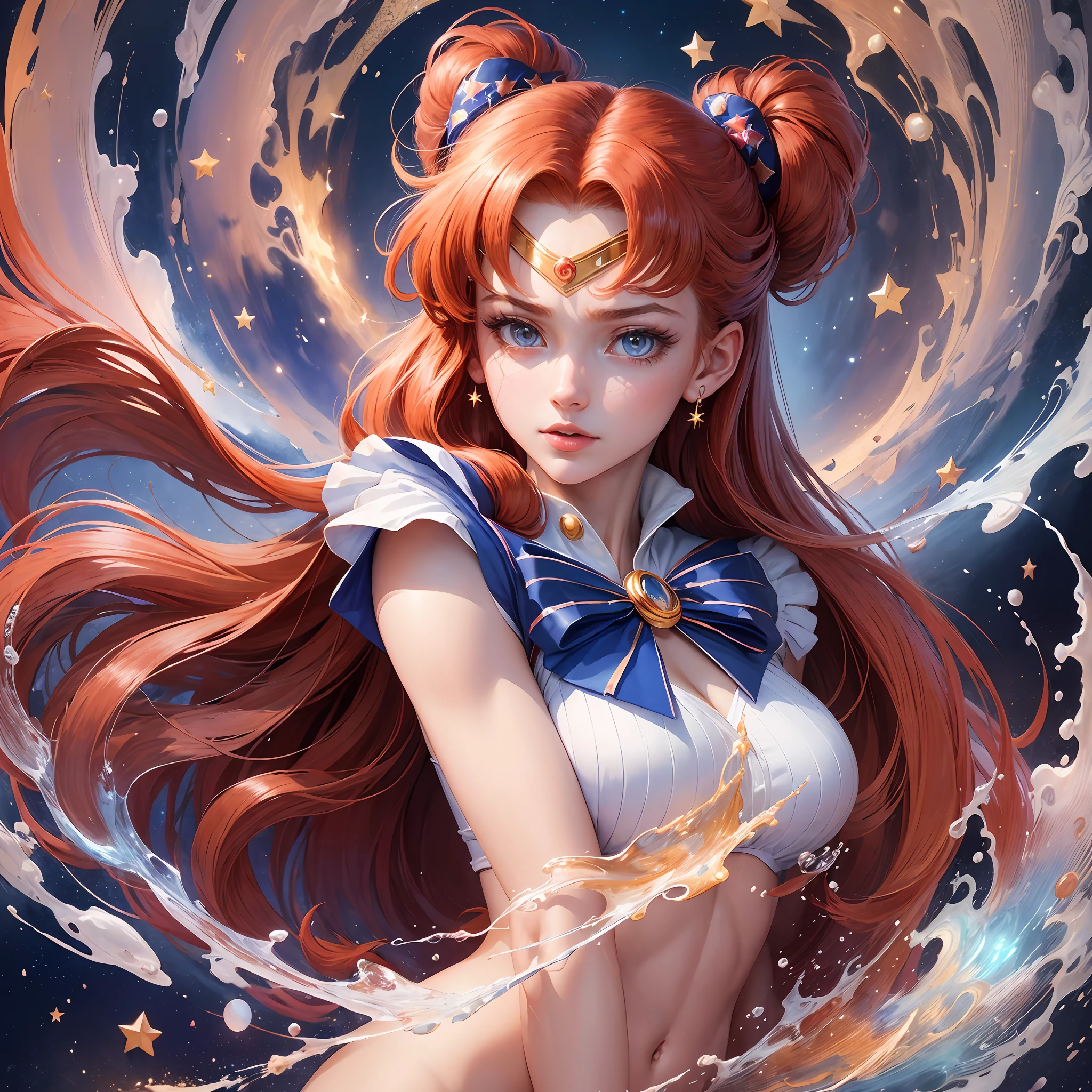 '(((masterpiece))), best quality, ultra-detailed, extremely beautiful, (1girl), sailor moon, high resolution, dynamic angle, dynamic pose, flowing redhead hair, blue eyes, crescent moon on forehead, sailor uniform, iconic red bows, too many drops of water, magical transformation, starry sky, glittering stars, watercolor' --auto --s2
