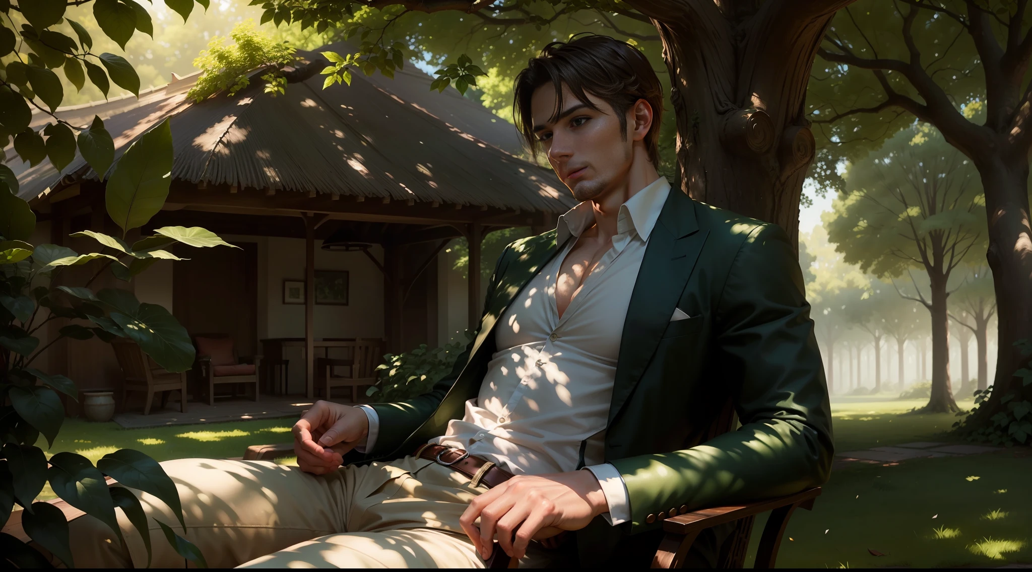(magnificent work of art), best quality, ultra detailed, perfect lighting, perfect shadows, a delicate and beautiful scene, a man sitting under the shade of a leafy tree, diffuse sunlight, soft shadows and lights, green leaves.