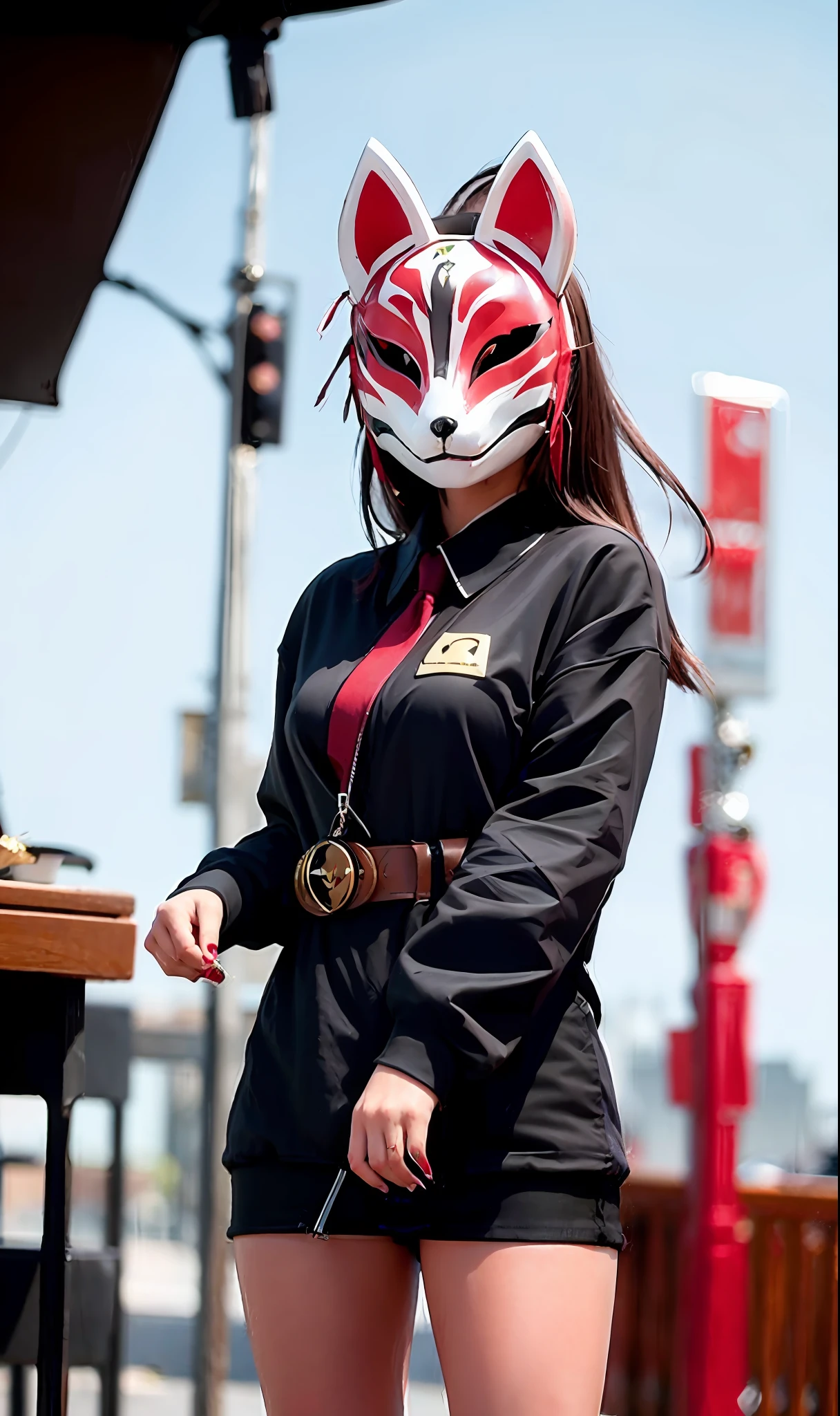 Fox mask person wearing fox mask on face, woman, miniskirt