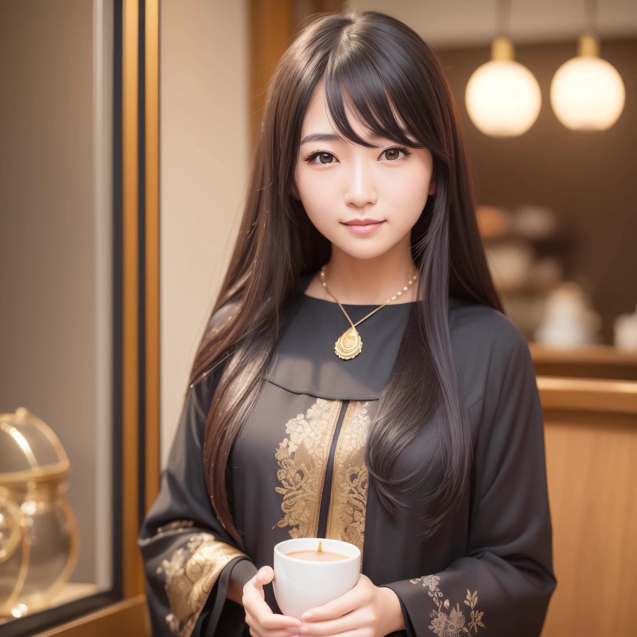 One beautiful Japan woman, with soft white skin and small face, nosed and rose-like lips, smile, beautiful eyes, black, thin and long beautiful hair bathed in a bright etheric glow. Medium shot, monotone dress and gold necklace, fashionable coffee shop, photorealistic, masterpiece, highest quality, super detail, HDR, 8K