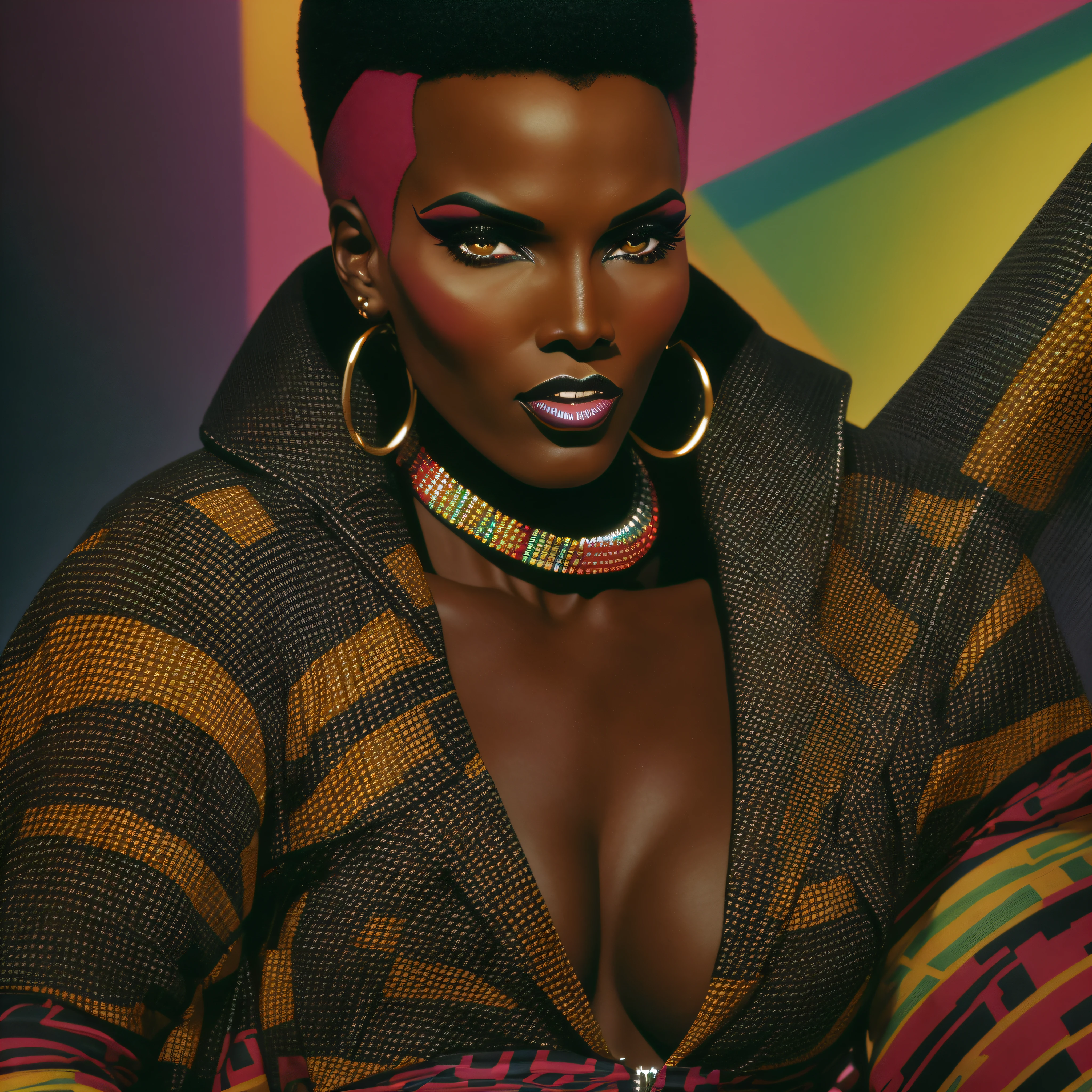 PHOTO ESSAY WITH BLACK WOMAN, 1.80 cm, BLACK MODEL, GRACE JONES, DRESSED AS BOB MACKIE, brooklyn, street, IN THE DISCO PERIOD OF THE 1970S, 35mm, f2.5, natural light, film grain --auto --s2
