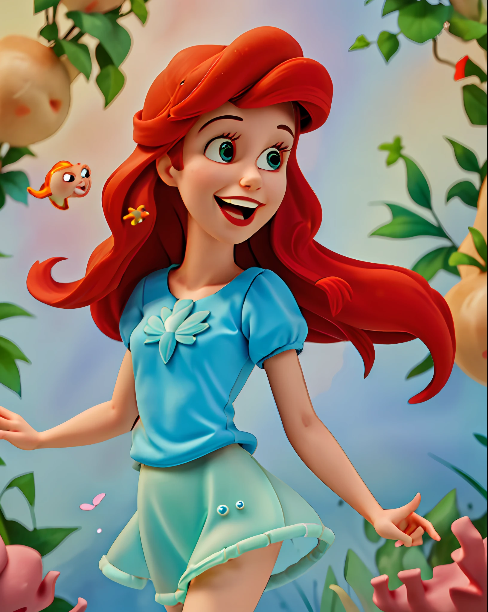 (best quality, masterpiece:1.2), highres, absurdres, 8k, intricate detail, 1girl, solo, ariel, close-up, upper body, underwater, floating hair, sunbeam, depth of field, perfect lighting, open mouth, smile, slender, perfect face, coral reef, kelp, fish, looking at viewer, air bubbles, straight-on