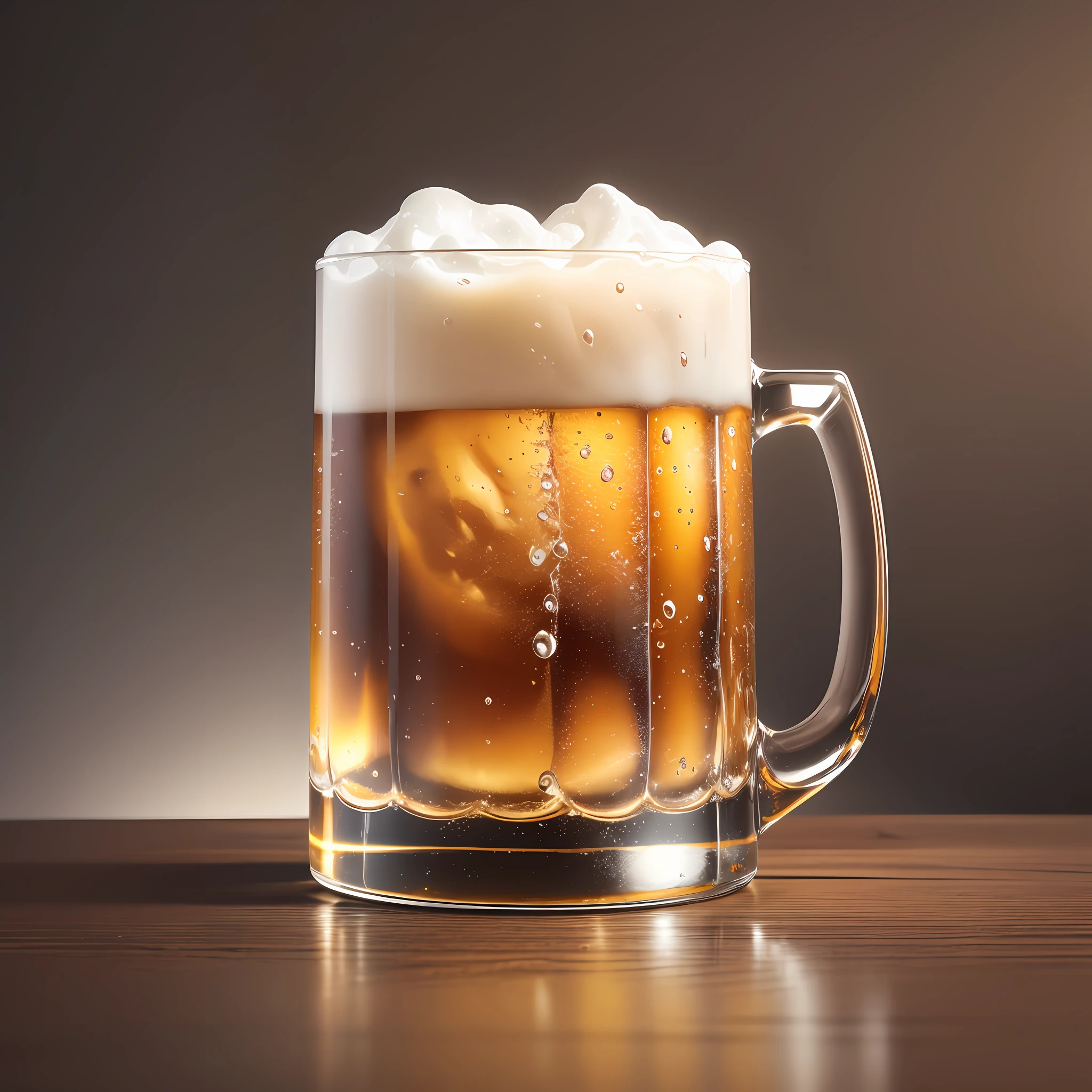 Ultra realistic and ultra detail-oriented, it was a stylized, modern, creative mug of seemingly cold beer, with sweat marks dripping down the mug, showing the beer falling into the mug propped up on a shiny, lacquered wooden table with a dark, blurry background. Create this art in 4k using unreal engine with richness of detail and background suggestion of a stylized Bar.