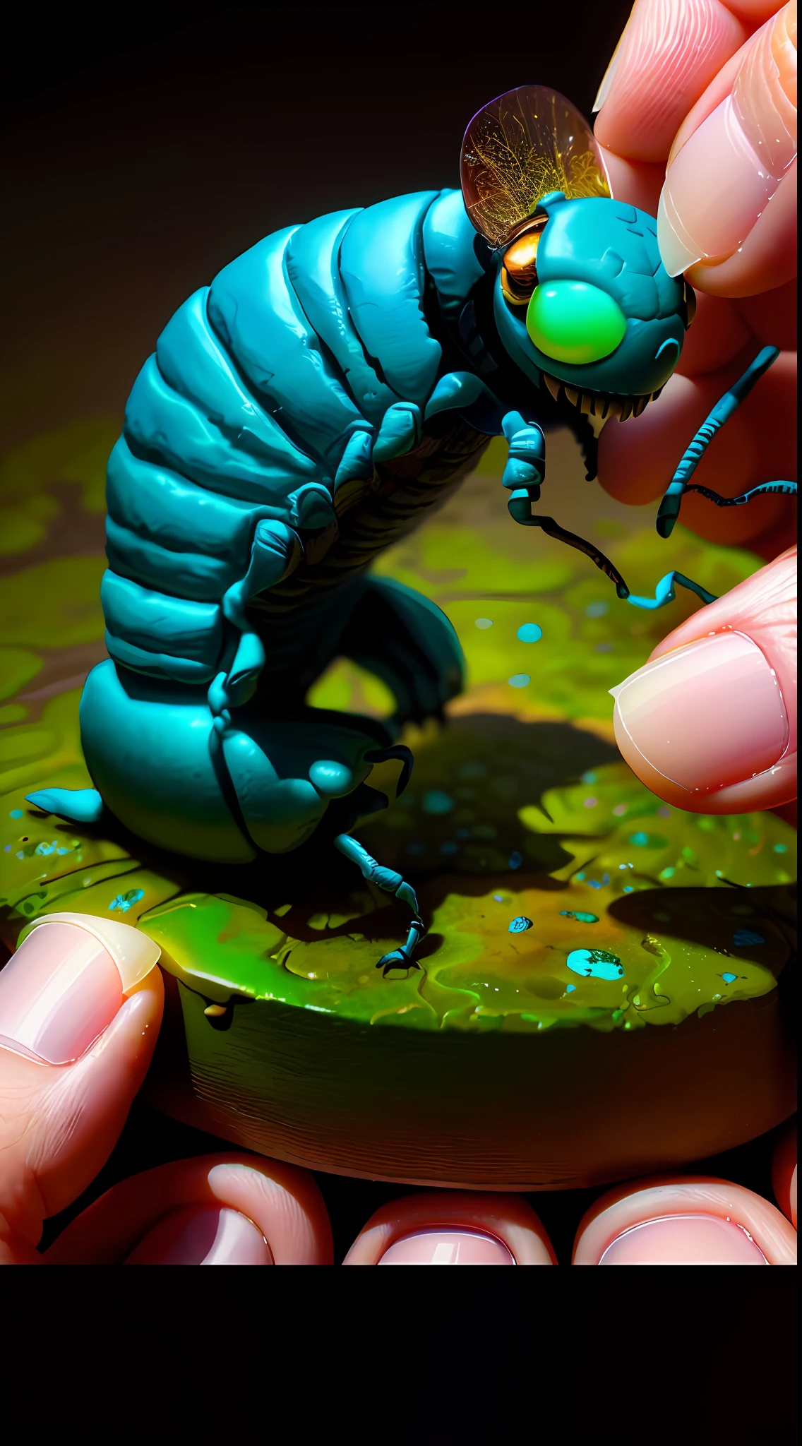 Someone is holding a small insect, macro photograph of diorama, up close. macro. Hyper realistic, ultra detailed painting, highly detailed sculpey diorama, hyper realistic fantasy monster, highly detailed 4K painting, hyper-realistic intricate details, extremely detailed painting, abstract claymation, amazing details, detailed 4K painting, photorealistic and intricate, low brightness, matte image, cinematic