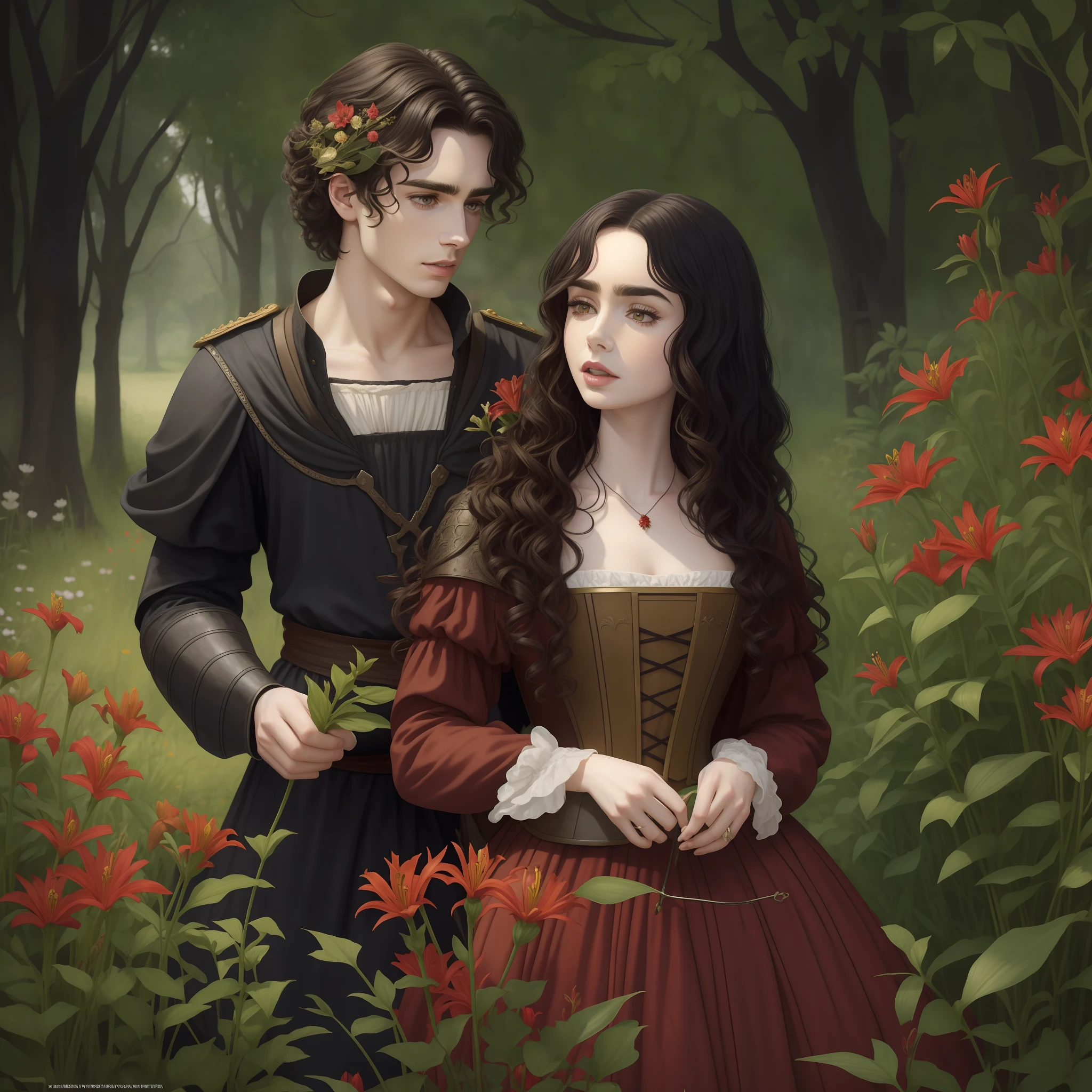 Lily Collins with curly black hair, in a faded red medieval dress, picking flowers in a garden; being observed by Prince Neels Visser who has straight blonde hair wearing medieval military prince uniform; novel book scene, masterpiece, best quality, ultra-detailed, illustration, extraordinary image