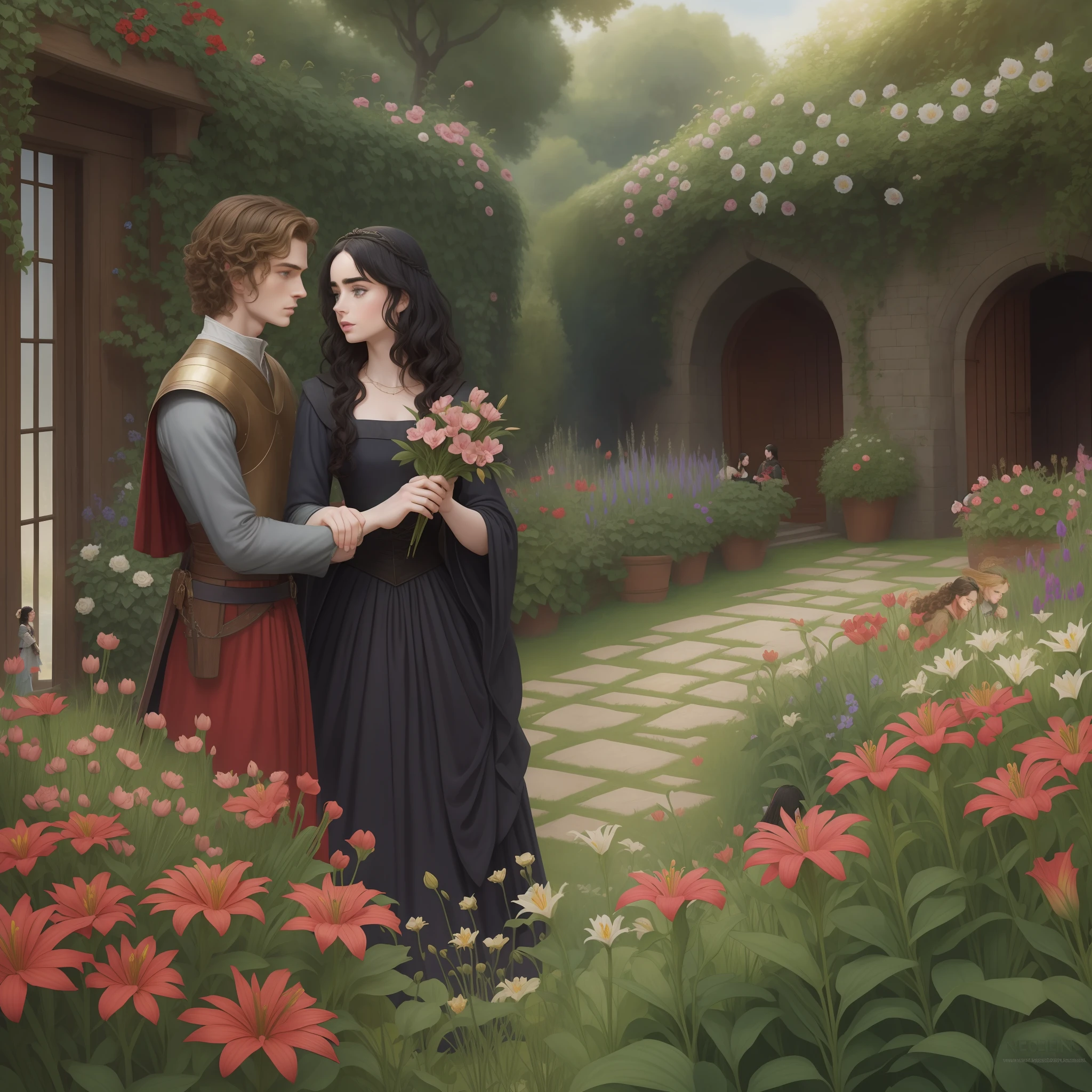 Lily Collins with curly black hair, in a faded red medieval dress, picking flowers in a garden; being observed by Prince Neels Visser who has straight blonde hair wearing medieval military prince uniform; novel book scene, masterpiece, best quality, ultra-detailed, illustration, extraordinary image