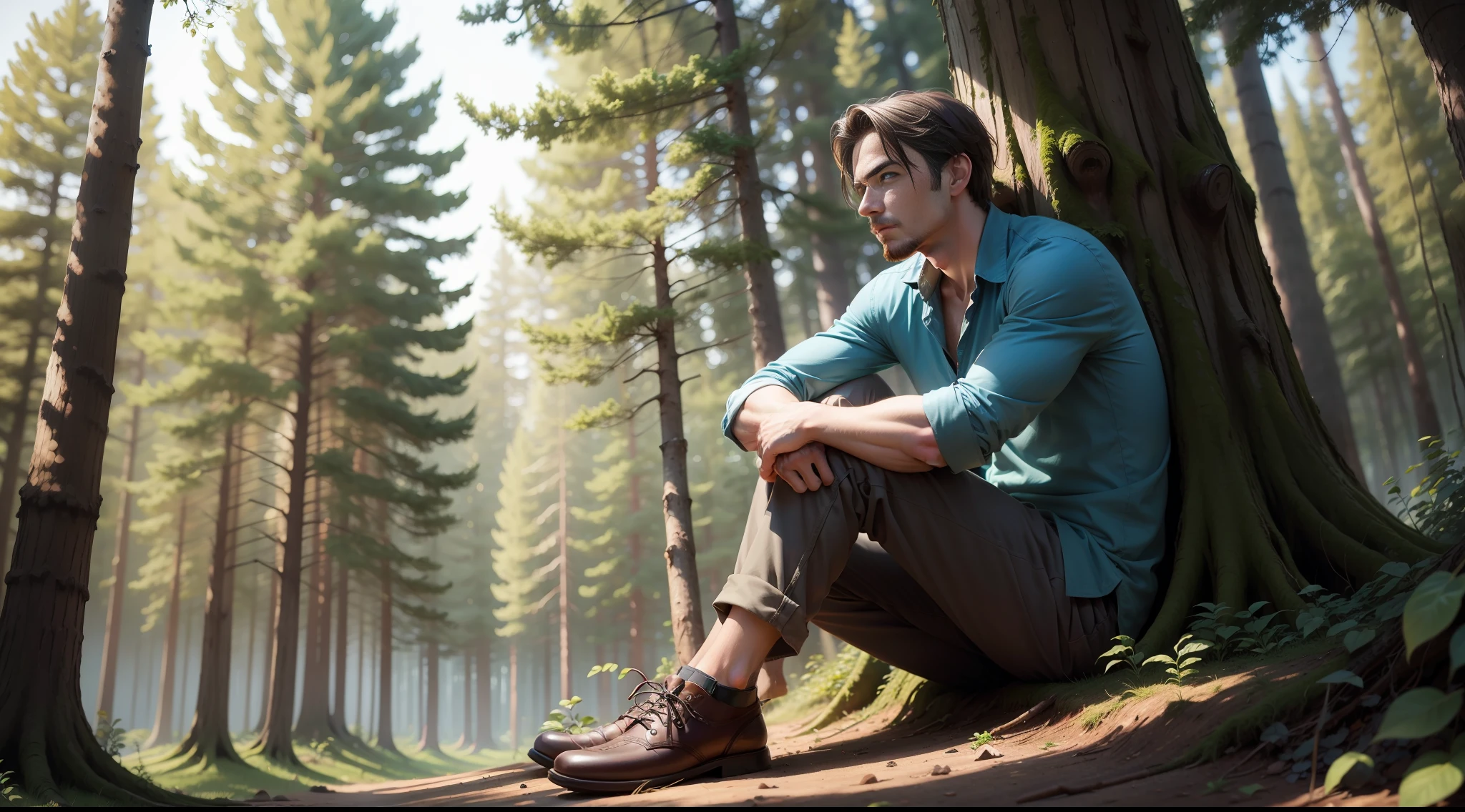 Man sitting under the tree in the middle of the forest