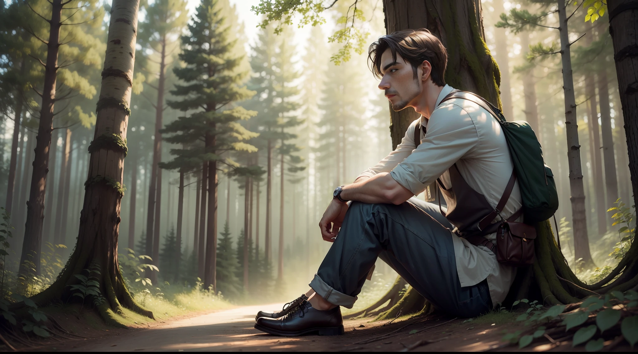 Man sitting under the tree in the middle of the forest