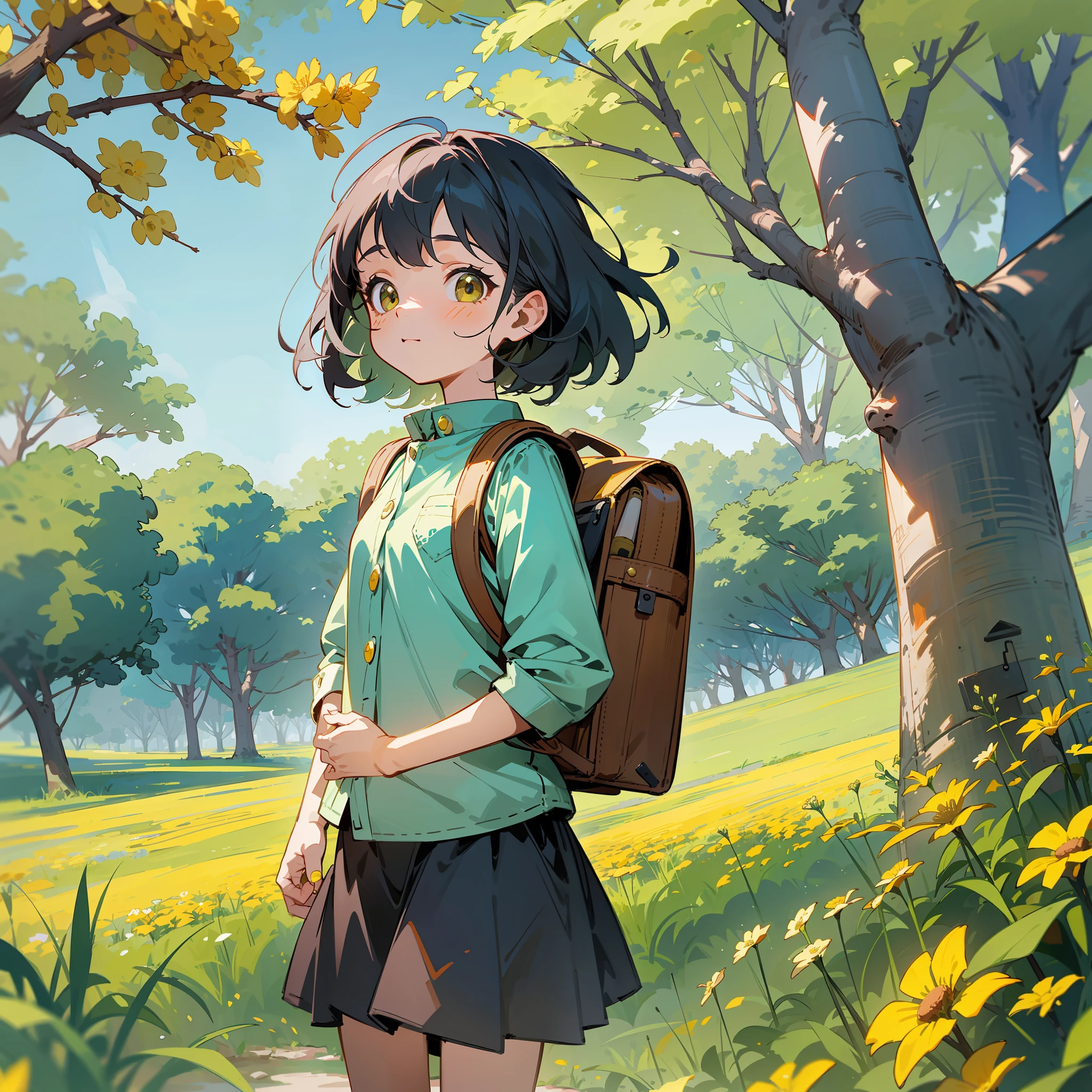 Prompt: An incredibly charming little girl carrying a backpack, accompanied by her adorable puppy, enjoying a lovely spring outing surrounded by beautiful yellow flowers and natural scenery. The illustration is in high definition at 4k resolution, with highly-detailed facial features and cartoon-style visuals.