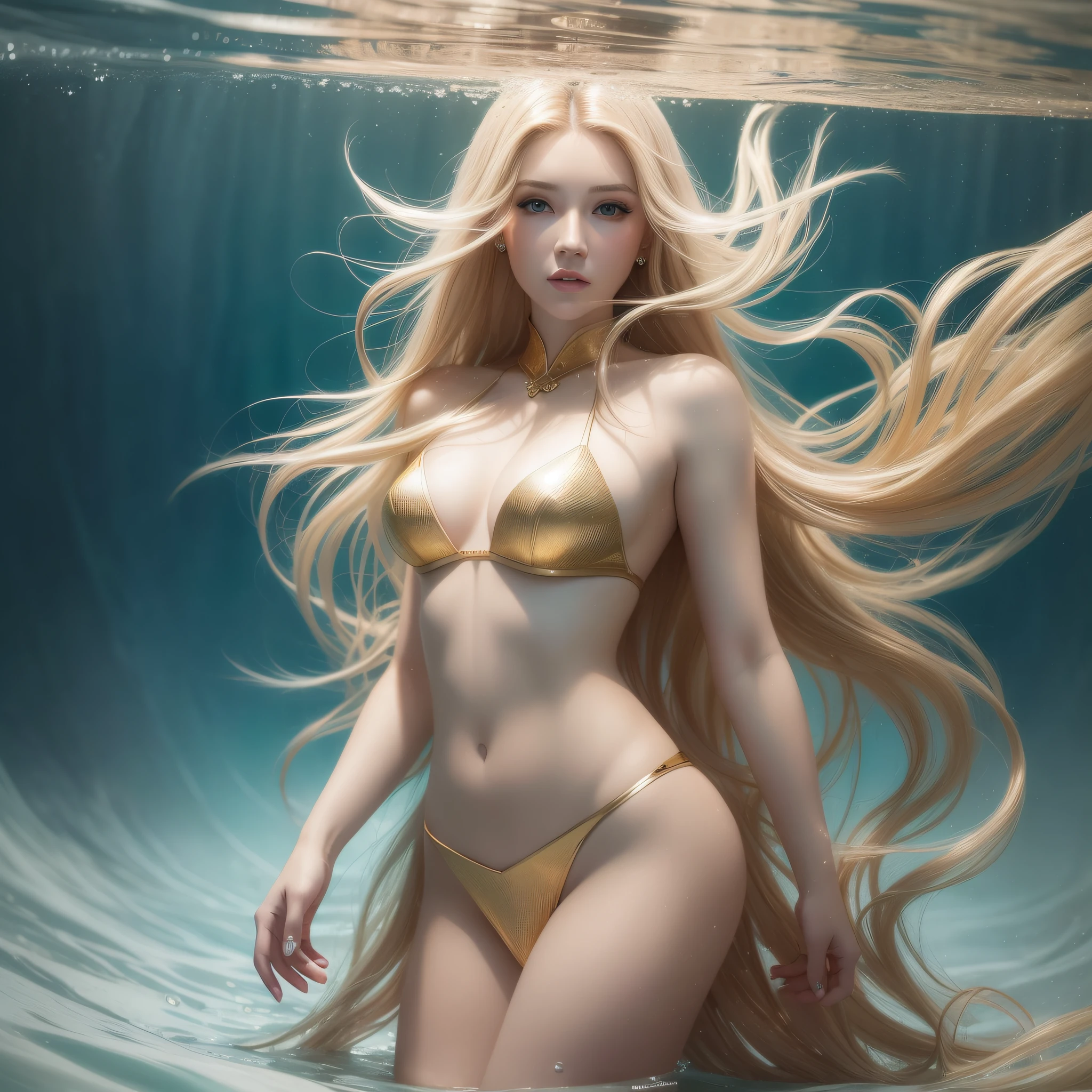 A beautiful woman with green eyes and golden hair and long red dress with full body gold details in the background in a setting with mystical ice queen on a winter night, clear facial features, well-detailed eyes, perfect face and perfect body, cinematic, intricate, 35mm lens, f/1.8 enhancement lighting, global lighting of ultra realism, very beautiful., underwater scene, ethereal, dreamy, pastel colors, flowing hair, digital painting, art station, conceptual art, soft, sharp focus, Artgerm, trends in DeviantArt and artstation