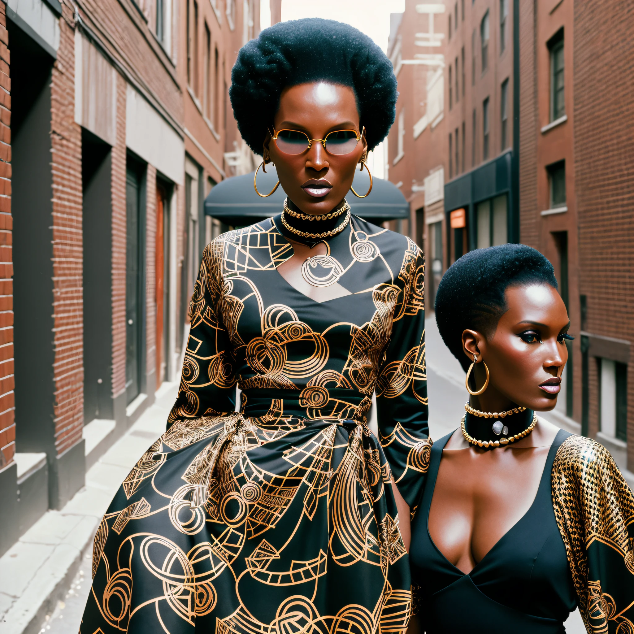 PHOTO ESSAY WITH BLACK WOMAN, 1.80 CM, BLACK MODEL, GRACE JONES, GUCCI STYLE DRESS 2023, BROOKLYN, STREET, IN THE DISCO PERIOD OF THE 1970S, 35mm, F2.5, NATURAL LIGHT, FILM GRAIN --auto --s2