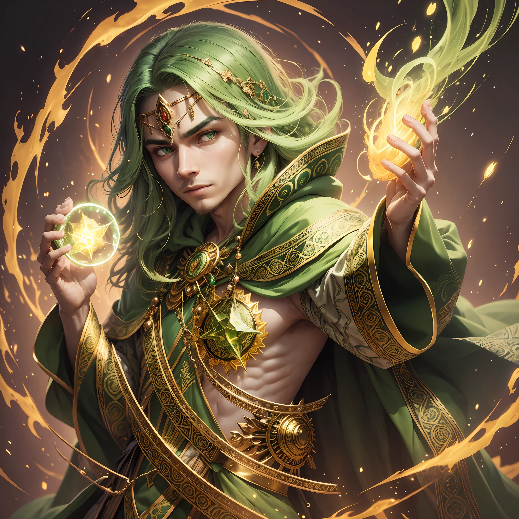 Before you is a wizard dressed in a green and gold costume, richly adorned with complex and bright patterns. His eyes shine with an ancestral wisdom
In his hands, a powerful spell is ready to be cast. A vibrant red flame pulsates between his fingers, emitting warmth and illuminating the environment with a mystical glow. --auto --s2