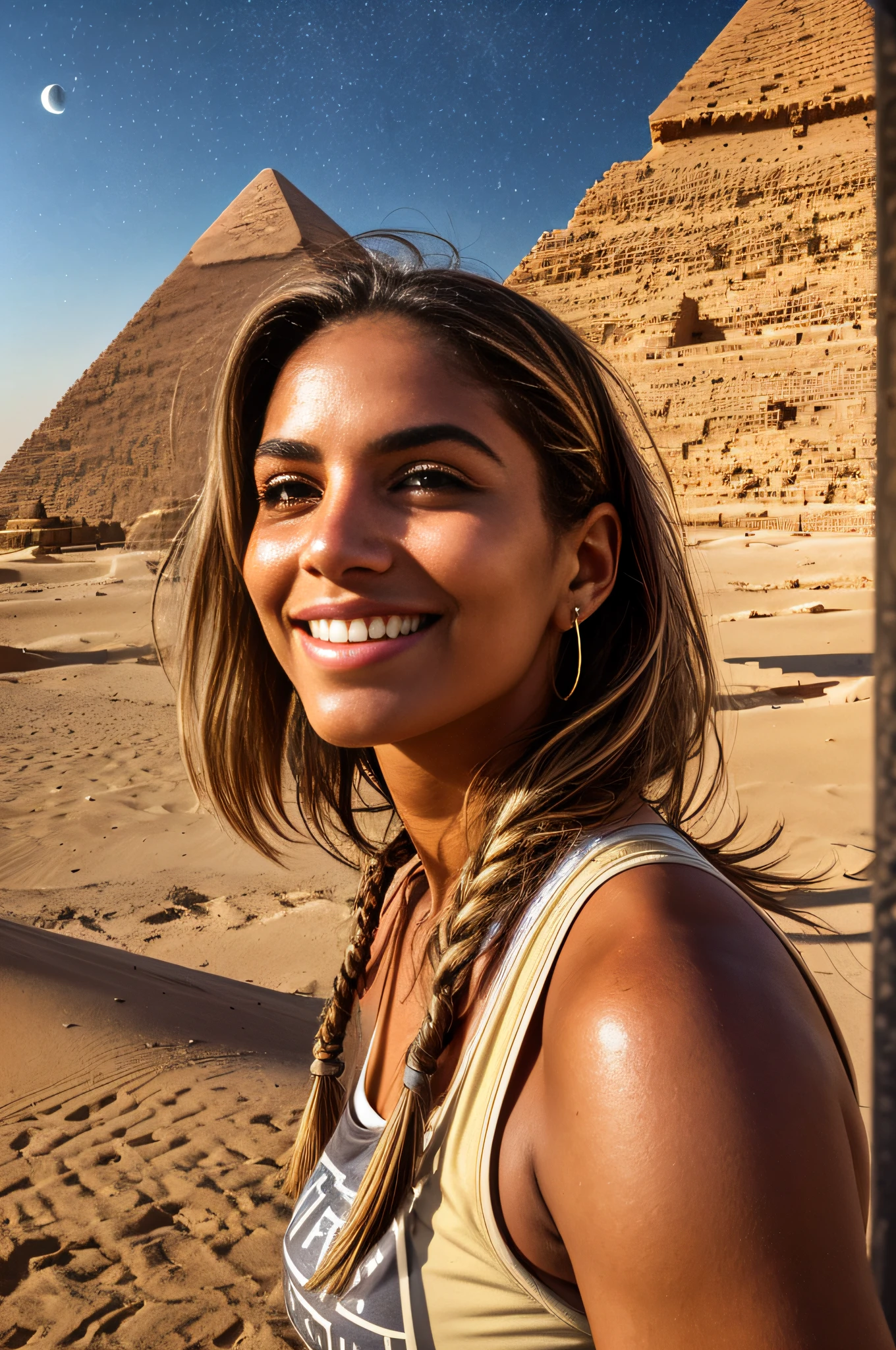 1 woman, beautiful, hot, fleshy lips, full breasts, thick thighs, big ass, straight long hair, sweaty (damp) body ((photo, full body, happy sexy)), masterpiece, best quality, ultra-detailed, solo, outdoor taking selfie on her back, looking back, under her shoulders, in front of a great pyramid in the desert, with the wind blowing dust her hair,  sweat, (night) pyramids, camels, (stars, moon) cheerful, happy, smiling (showing teeth), light expedition clothes, canteen, binoculars, pochette, tank top shirt, shorts, stones, sphinxes, pyramids, smoke, shadows, contrast, clear sky, style, (warm hue, warm tone): 1.2), close-up, cinematic light, side lighting, ultra high resolution, best shadow, RAW, upper body, (super detailed background, intricate details).