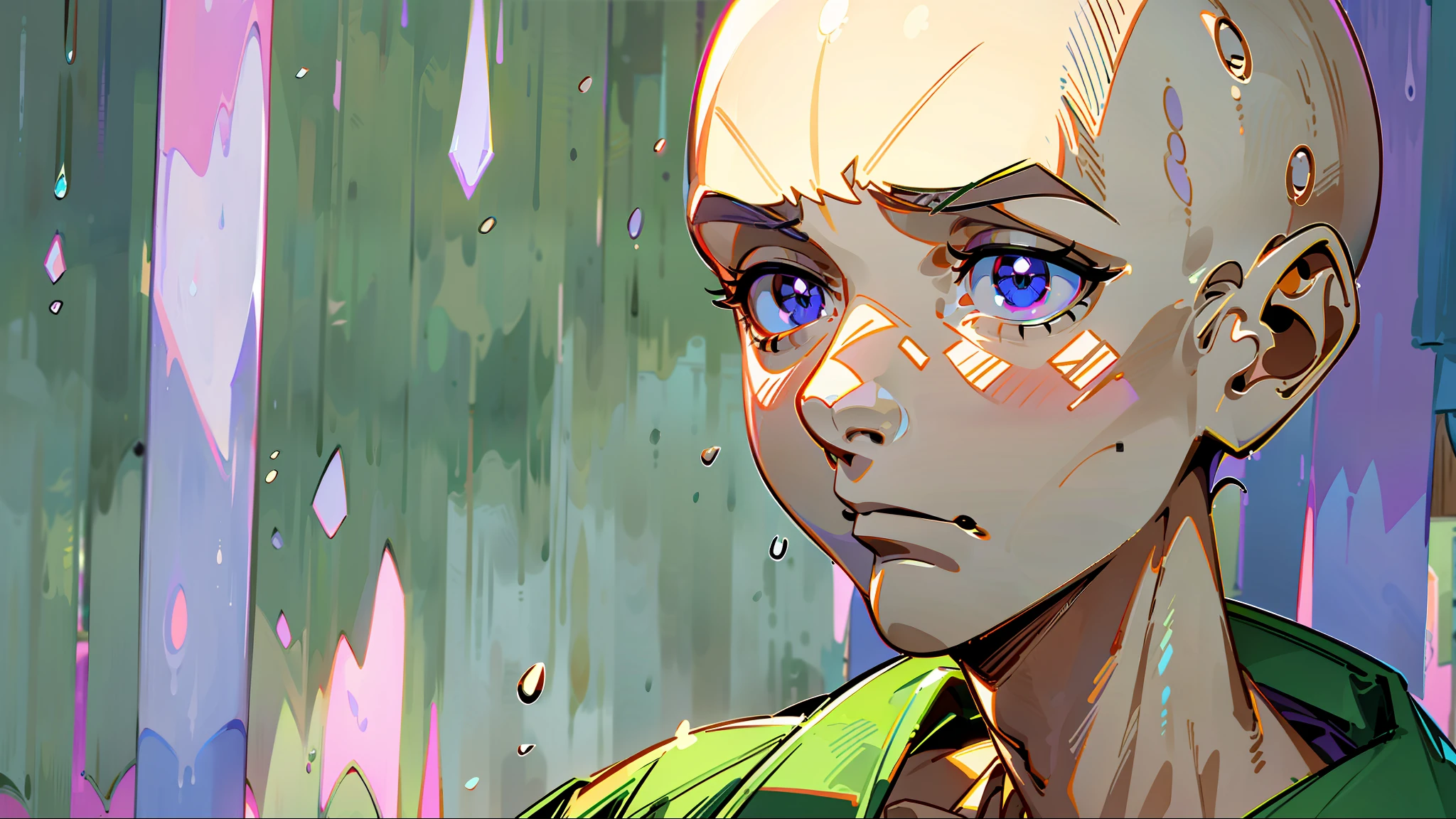 A bald man, baldi, Baldi's Basics in Education and Learning, looking sad, it's raining, green sweater, human body, human eye, rain, 1man, he looks to the sky, blue light, purple light, beige skin, 18 years old, no beard, no mustache, no hair