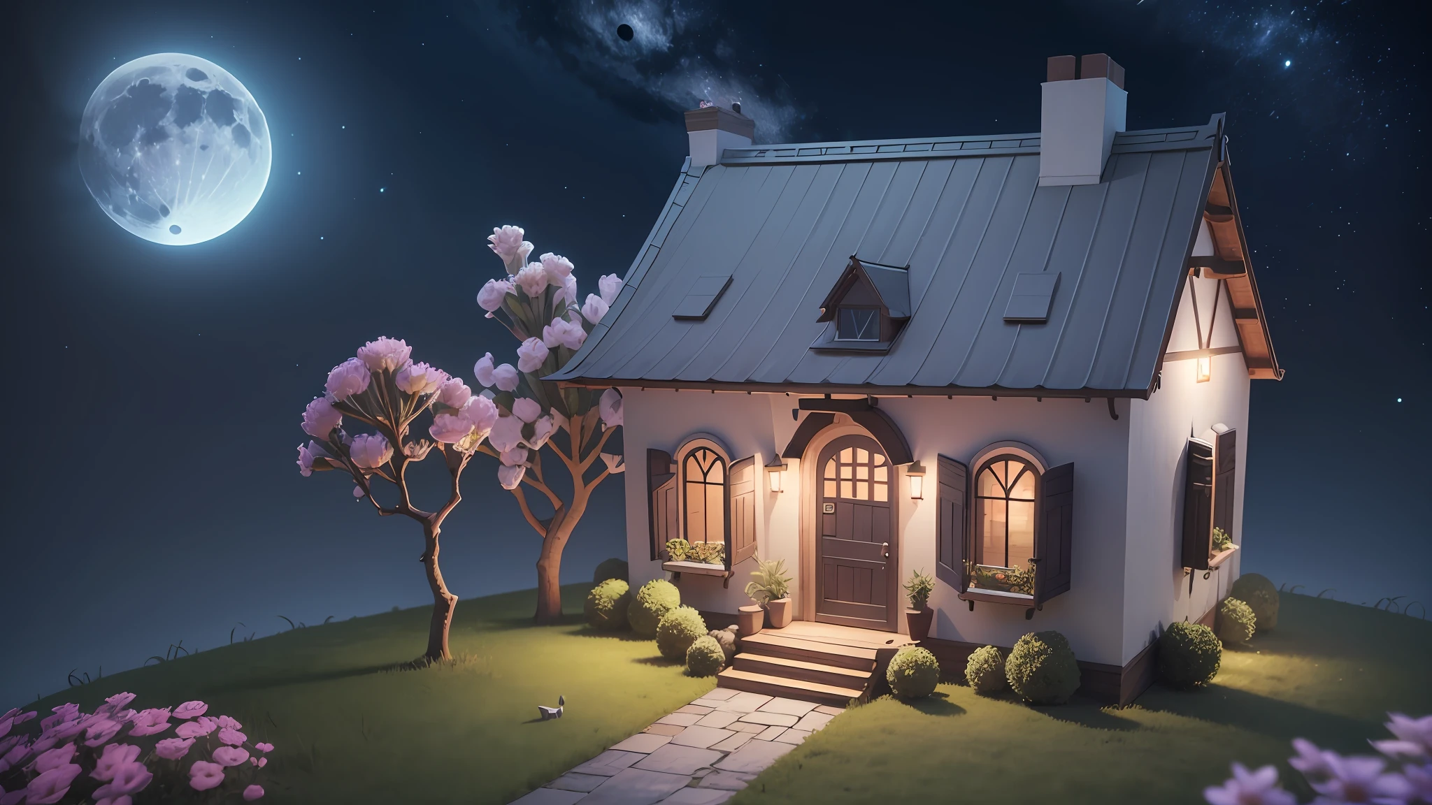 Cartoon 3D, looking at the simple house in front of you, you can't help but be enchanted. night with a beautiful moon. Closer inspection reveals intricate details such as tiny flowers blooming in front and thin drapes framing the windows. As you marvel at the sight before you, 8K, Ultra-HD, --auto --s2