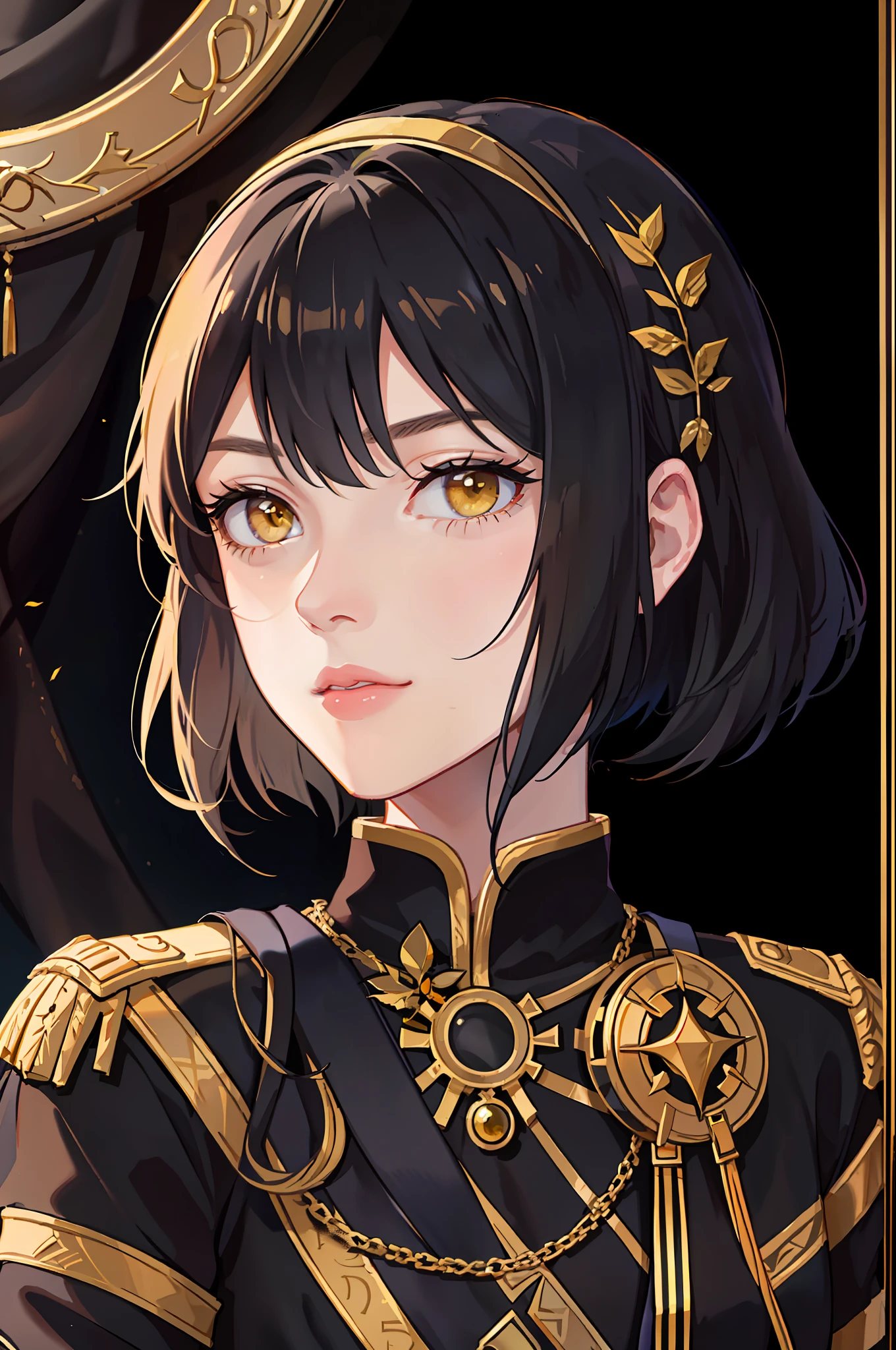 Portrait of a beautiful young woman, villain, yellow eyes, black short hair, square, black general's uniform, empire