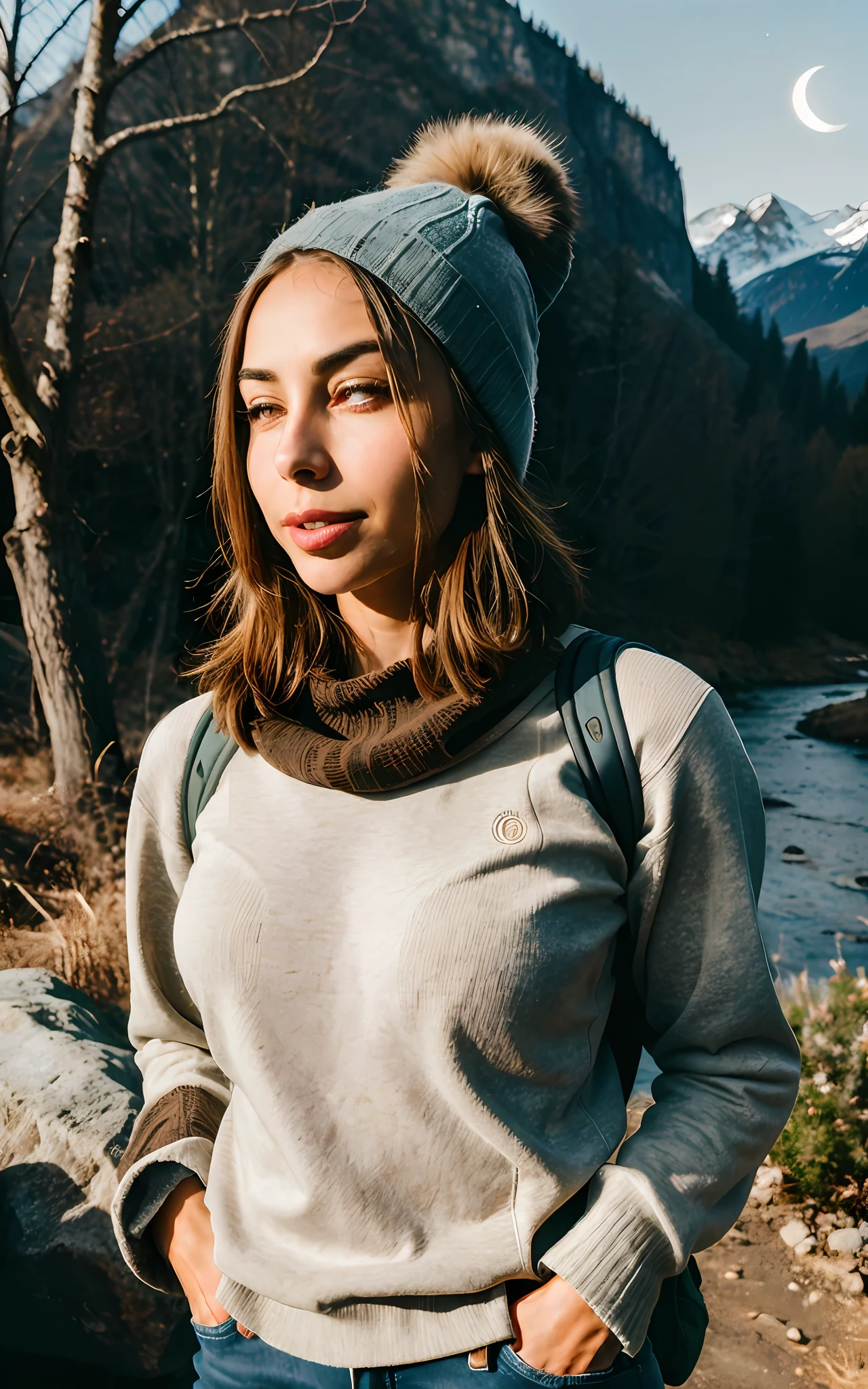 1 woman ((riley reid, upper body selfie, happy)), masterpiece, best quality, ultra detailed, alone, outdoor, (night), mountains, nature, (stars, moon) cheerful, happy, backpack, sleeping bag, camping stove, water bottle, hiking boots, gloves, sweater, hat, flashlight, forest, rocks, river, wood, smoke, shadows, contrast, clear sky, style (look at the viewer: 1.2) (skin texture) (film grain: 1.3), (warm tone, warm tone: 1.2), close-up, cinematic light, side lighting, ultra high resolution, best shadow, RAW, upper body, sweater on