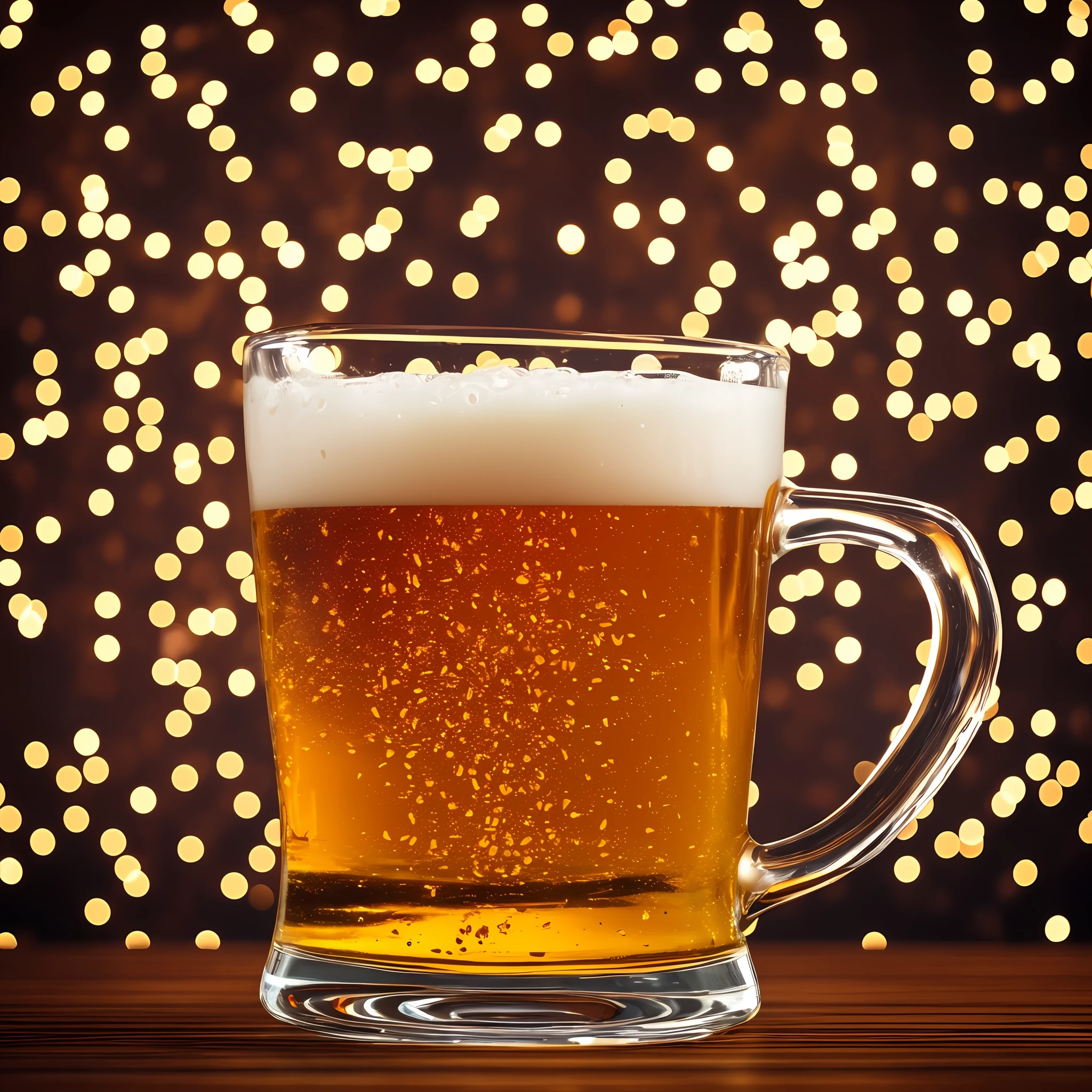 Ultra realistic and ultra detail-oriented, it was a stylized, modern, creative mug of seemingly cold beer, with sweat marks dripping down the mug, showing the beer falling into the mug propped up on a shiny, lacquered wooden table with a dark, blurry background. Create this art in 4k using unreal engine with richness of detail and background suggestion of a stylized Bar.