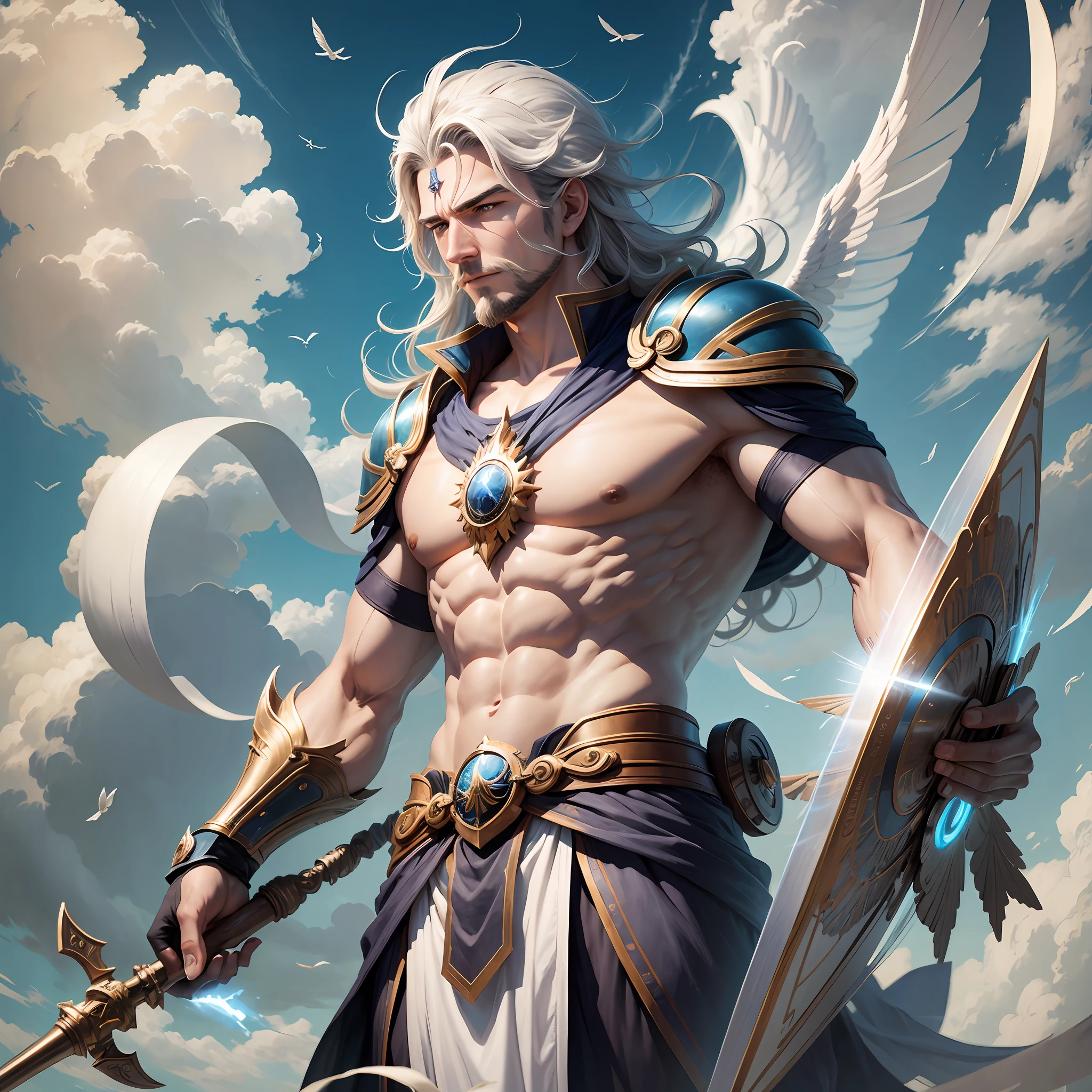 A man with a sword and wings standing in front of a sky - SeaArt AI