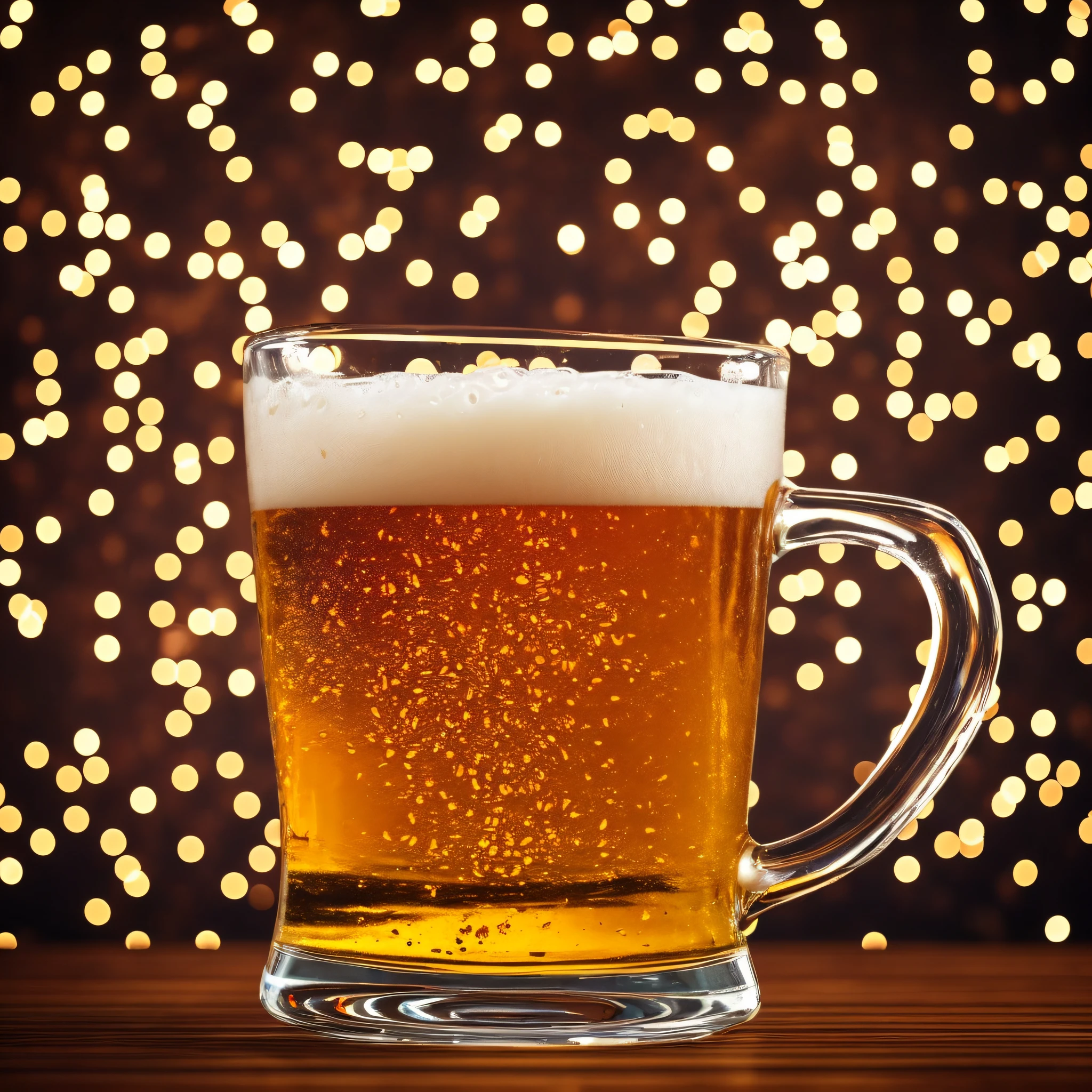 Ultra realistic and ultra detail-oriented, it was a stylized, modern, creative mug of seemingly cold beer, with sweat marks dripping down the mug, showing the beer falling into the mug propped up on a shiny, lacquered wooden table with a dark, blurry background. Create this art in 4k using unreal engine with richness of detail and background suggestion of a stylized Bar.