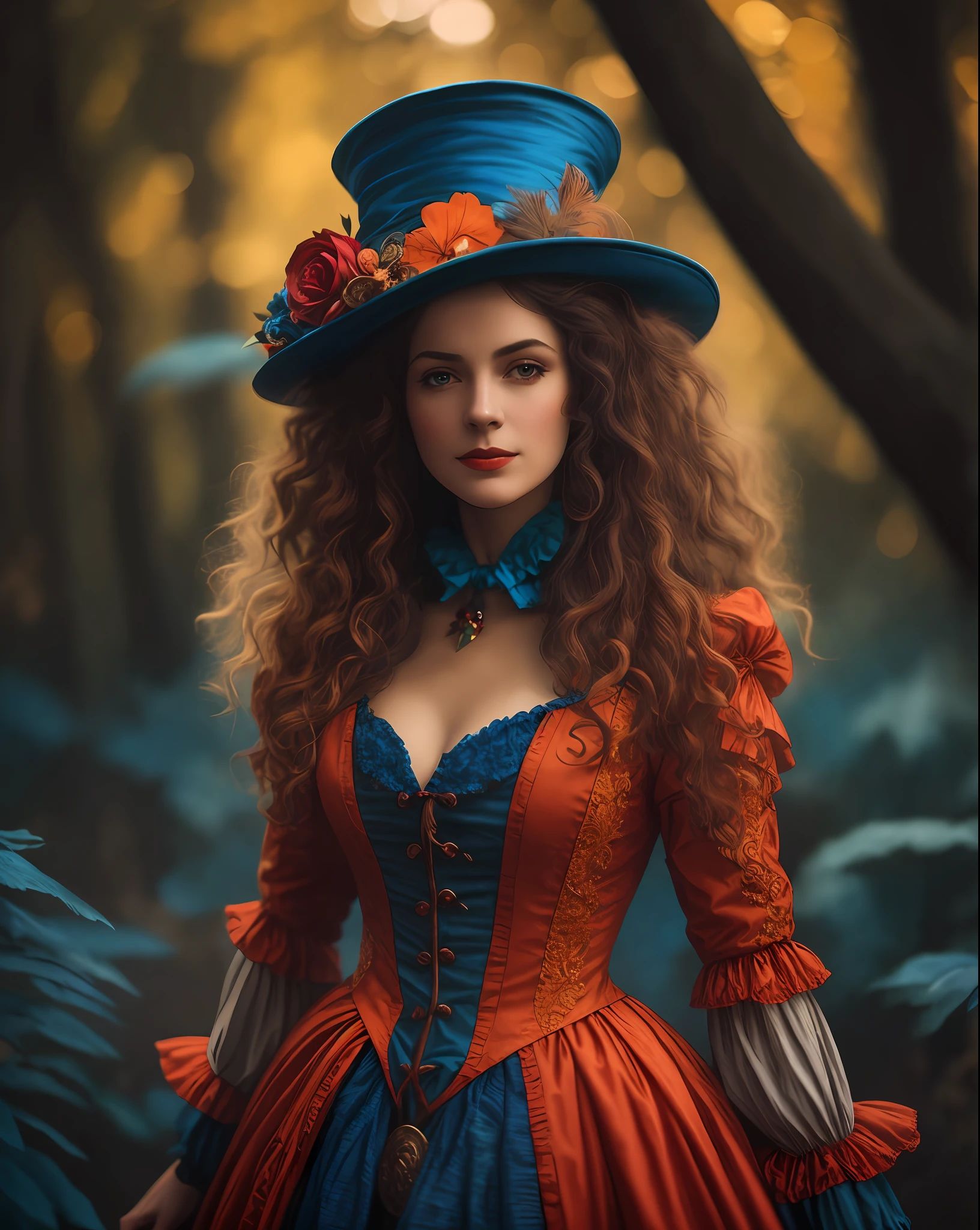 arafed woman in a blue and red dress and hat, female mad hatter, ornate cosplay, fantasy genre portrait, portrait of alice in wonderland, fantasy portrait, fantasy photoshoot, fairy tale witch, costume style costume, karol bak uhd, fantasy art portrait, cute fantasy portrait, beautiful female witch, victorian style costume, a beautiful Victorian woman, (Hair in high definition), (body in high definition)