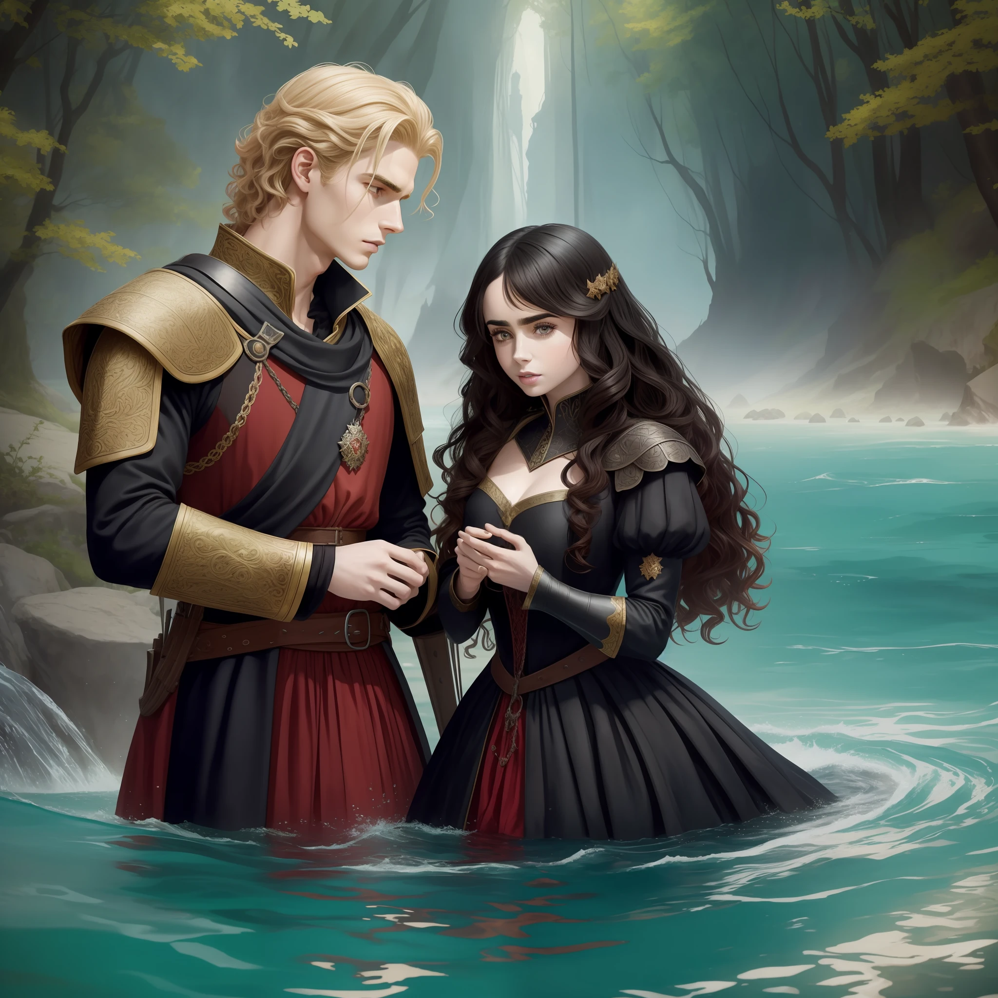 Lily Collins with curly black hair, faded red medieval dress; and the prince with straight blond hair Neels Visser who wears a medieval military uniform; The two are swimming together in a river of crystal clear waters, novel book scene, masterpiece, best quality, ultra-detailed, illustration, extraordinary image